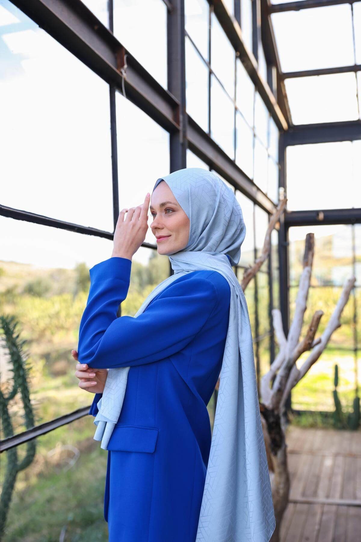 Exen Desen İpeksi Jakar Şal Baby Blue 9011-13