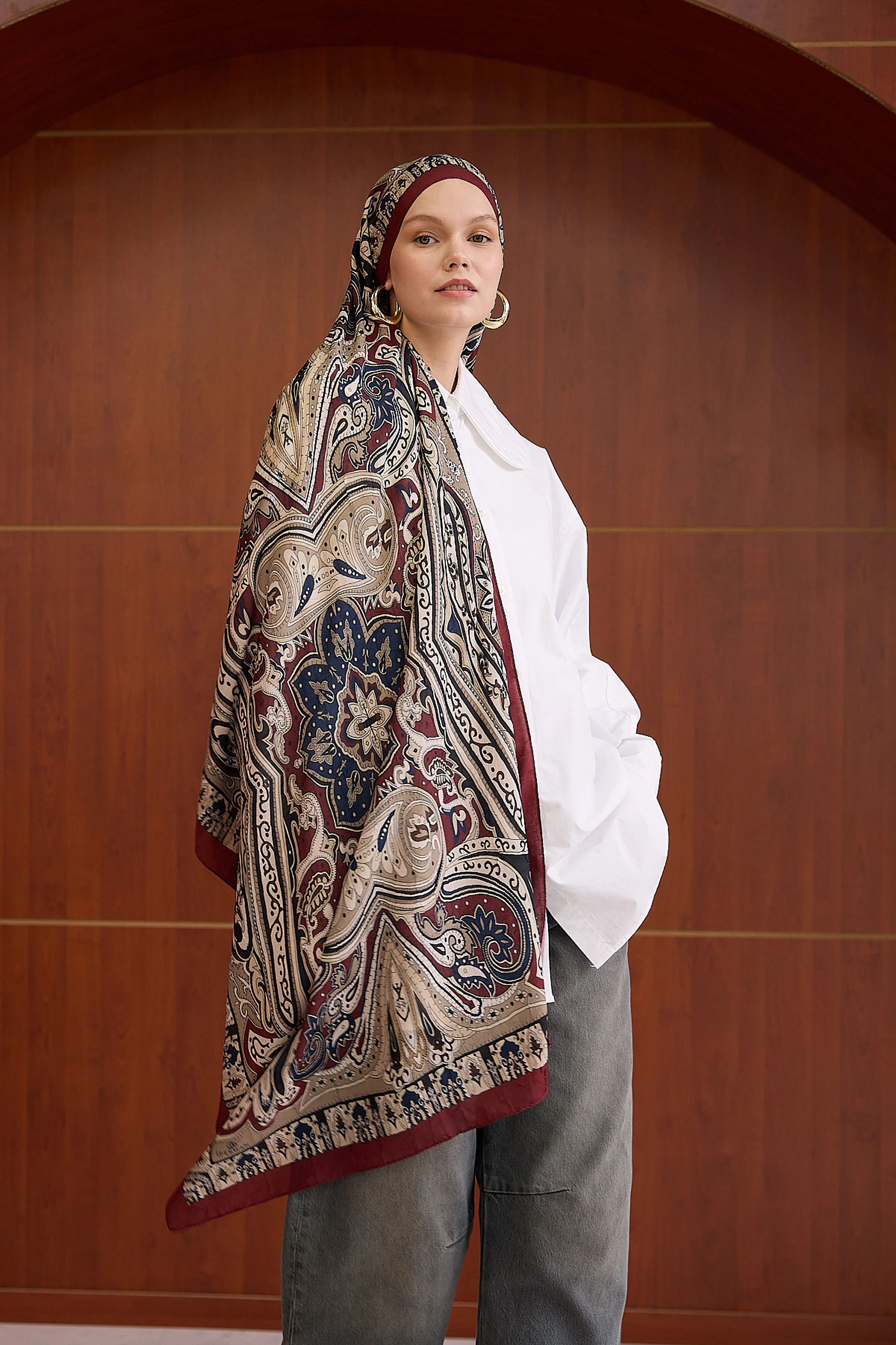 Bambu Kraş Şal 7002 - Bordo Krem