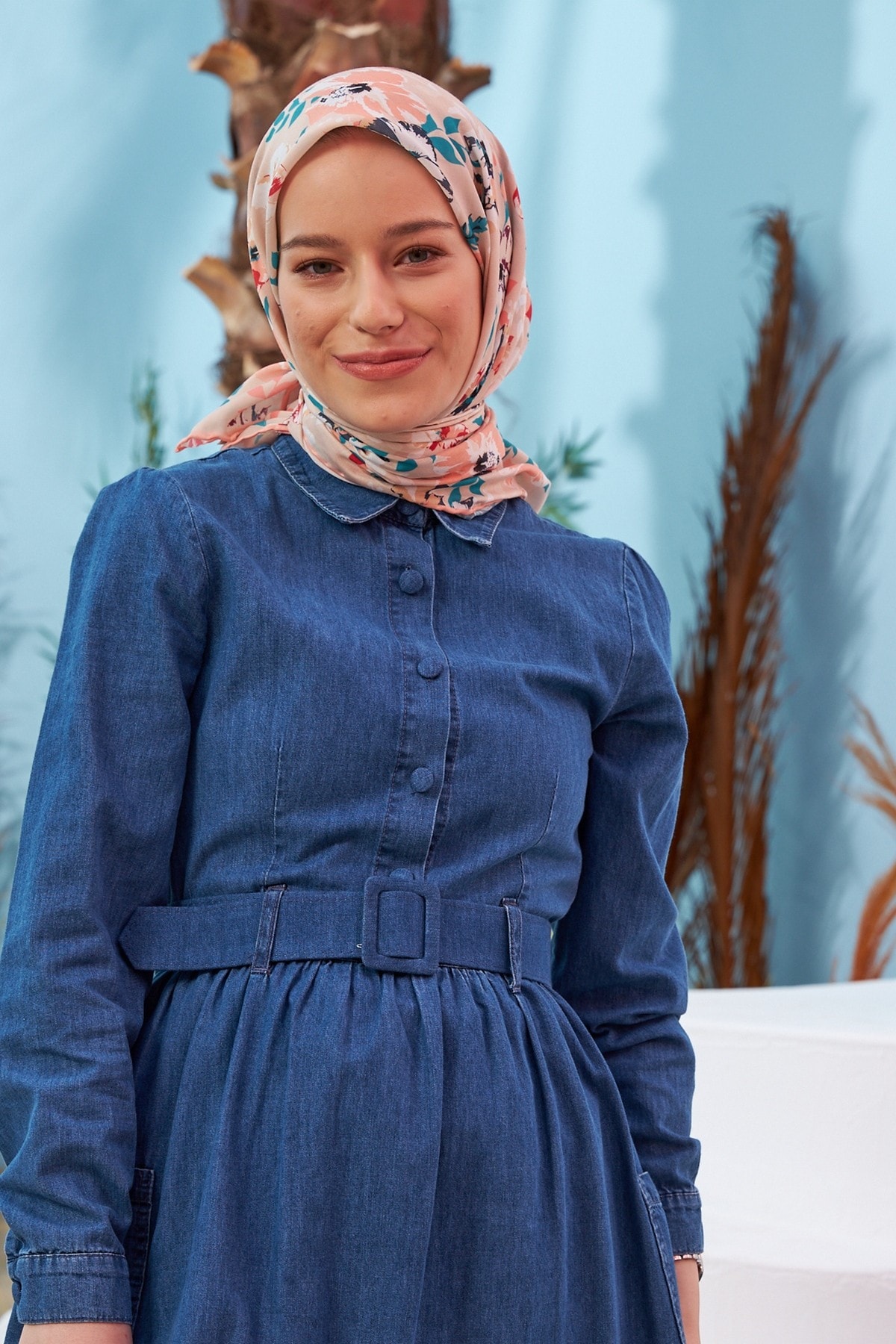 Çiçek Bahçesi Somon Yeşil Pamuk Viskon Eşarp