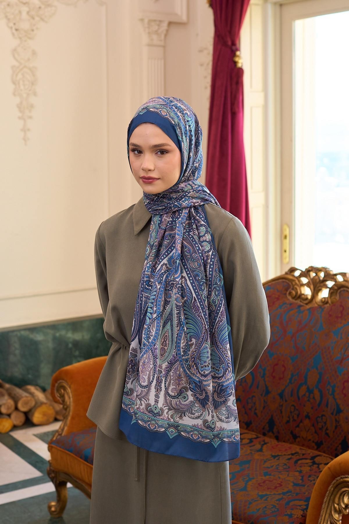 Desenli Vual Şal Petrol Mavi Vual İpek Şal - 9804-13