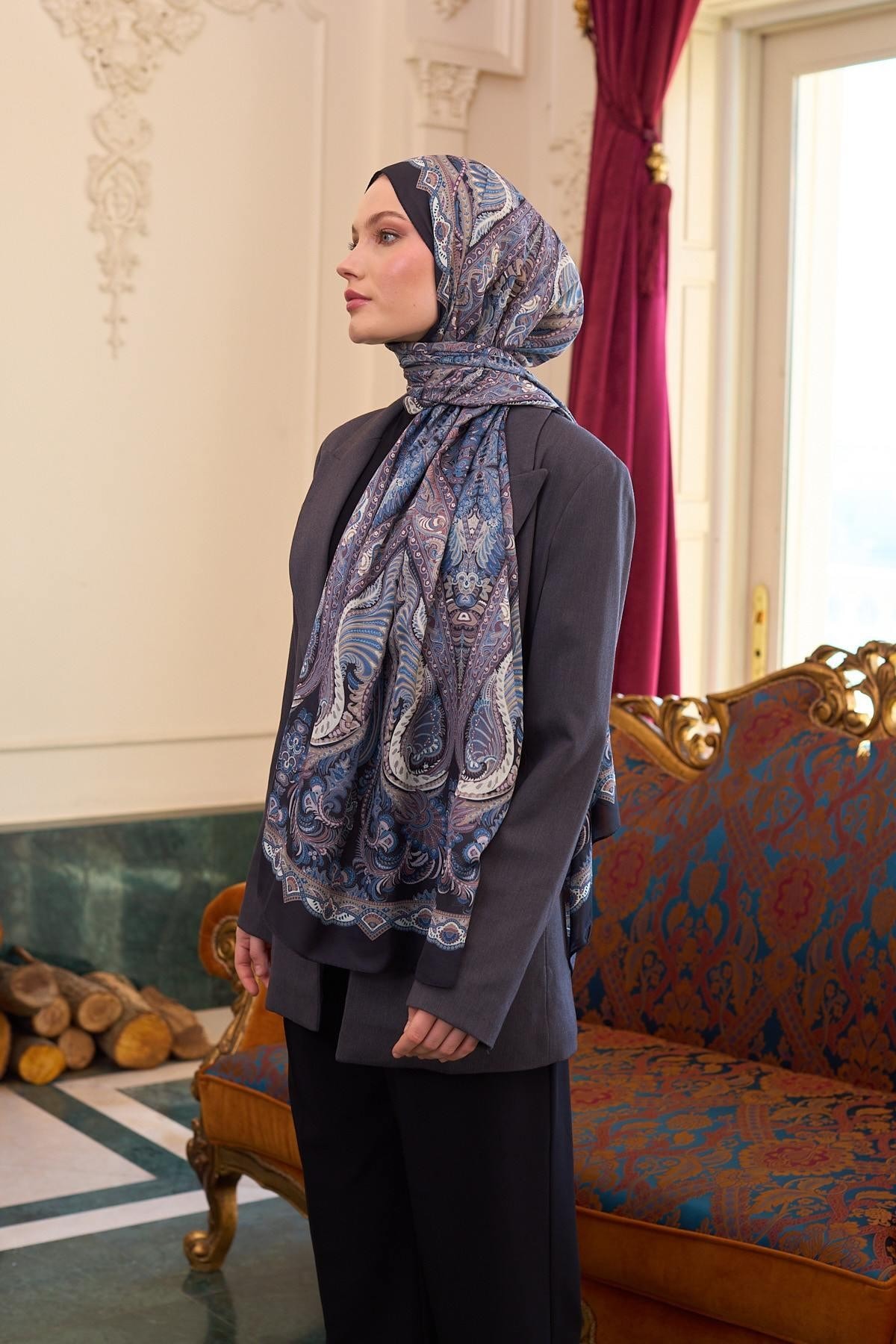 Desenli Vual Şal Siyah Mavi Vual İpek Şal - 9804-17