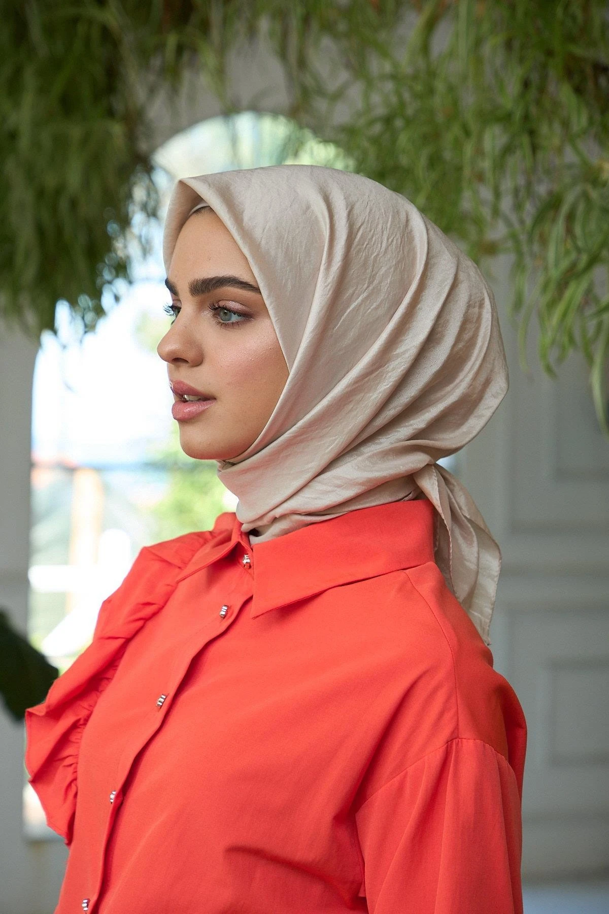 Düz Desen Vual Eşarp Bej Vual İpek Eşarp - 10100-21