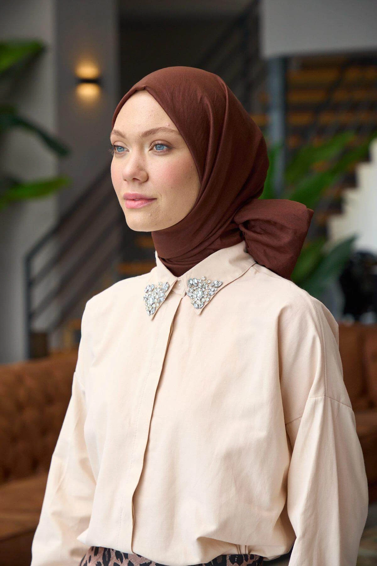 Düz Desen Vual Şal Koyu Bakır Vual İpek Şal - 9800-30