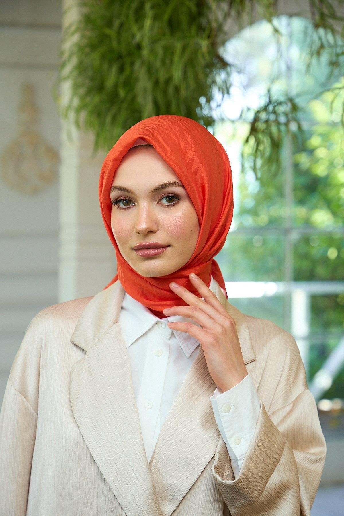 Düz Desen Vual Eşarp Turuncu Vual İpek Eşarp - 10100-17