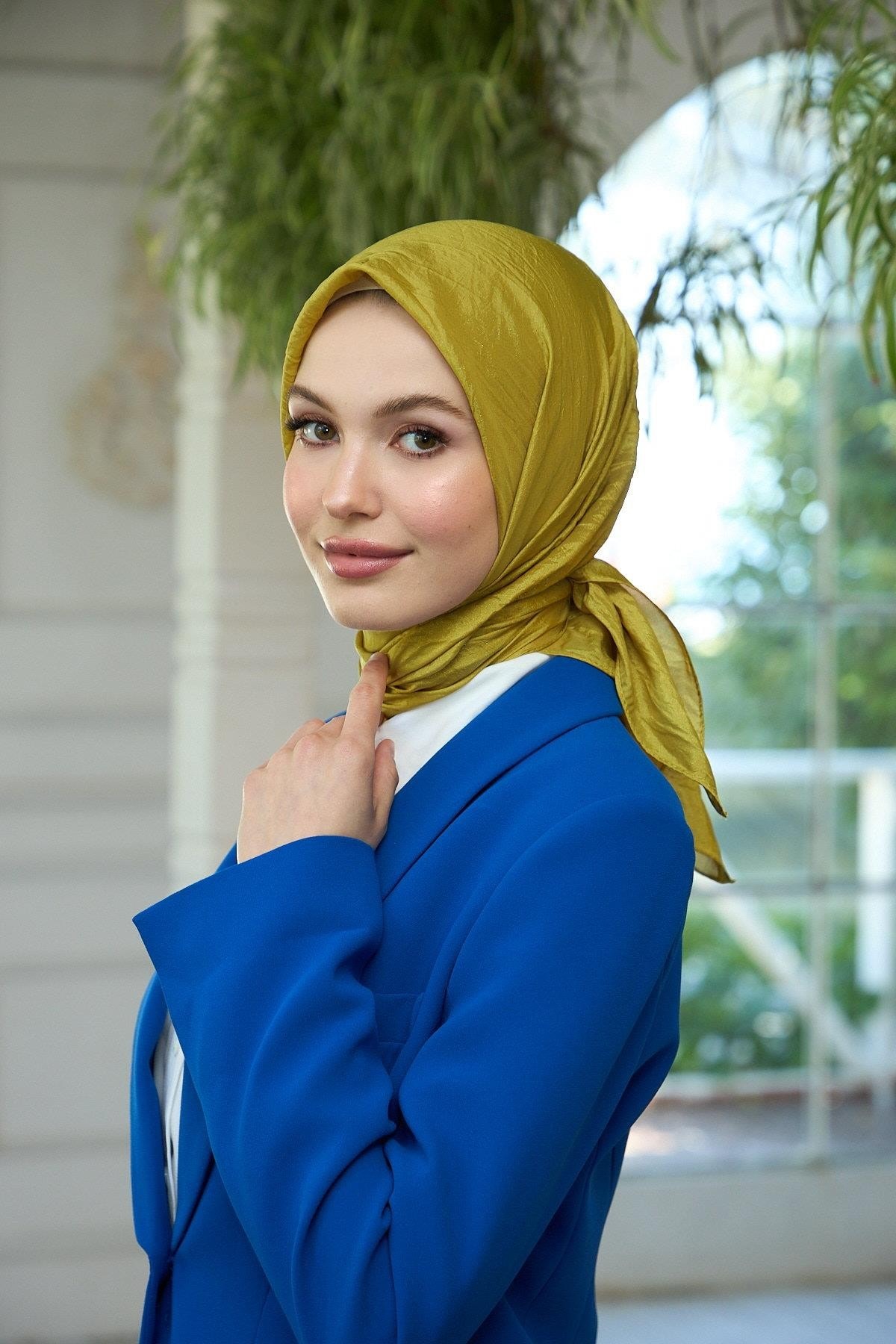 Düz Desen Vual Eşarp Yağ Yeşili Vual İpek Eşarp - 10100-12