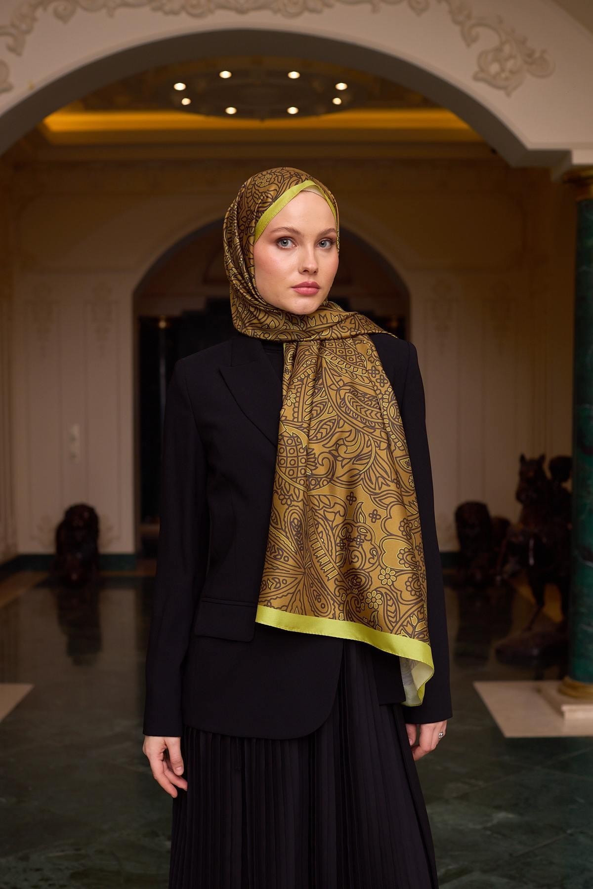 Desenli Vual Şal Yağ Yeşili Vual İpek Şal - 9803-30