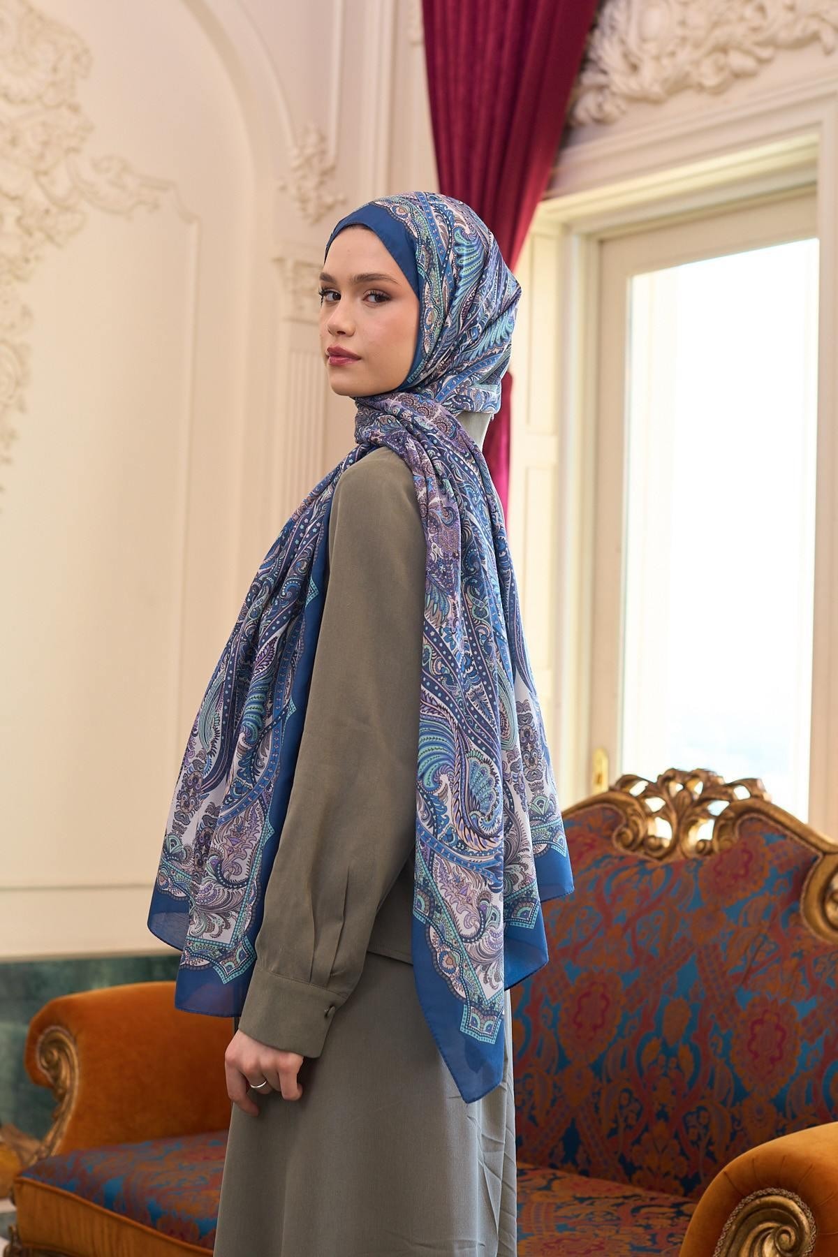 Desenli Vual Şal Petrol Mavi Vual İpek Şal - 9804-13