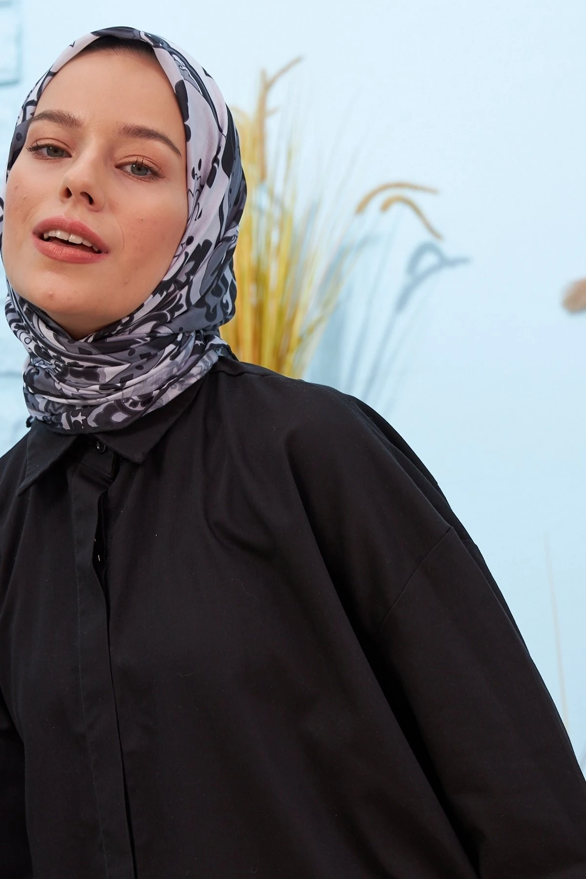 Mozaik Siyah Pamuk Viskon Eşarp