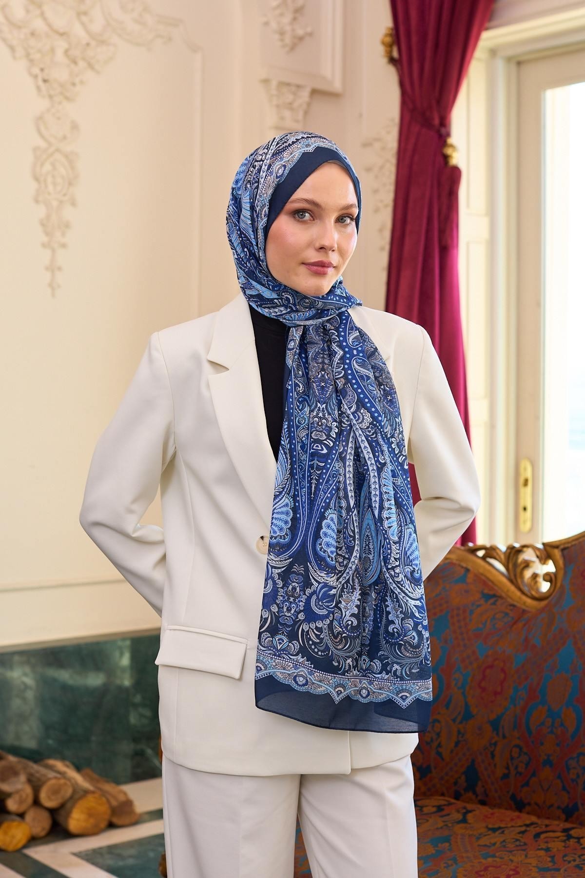 Desenli Vual Şal Mavi Vual İpek Şal - 9804-12