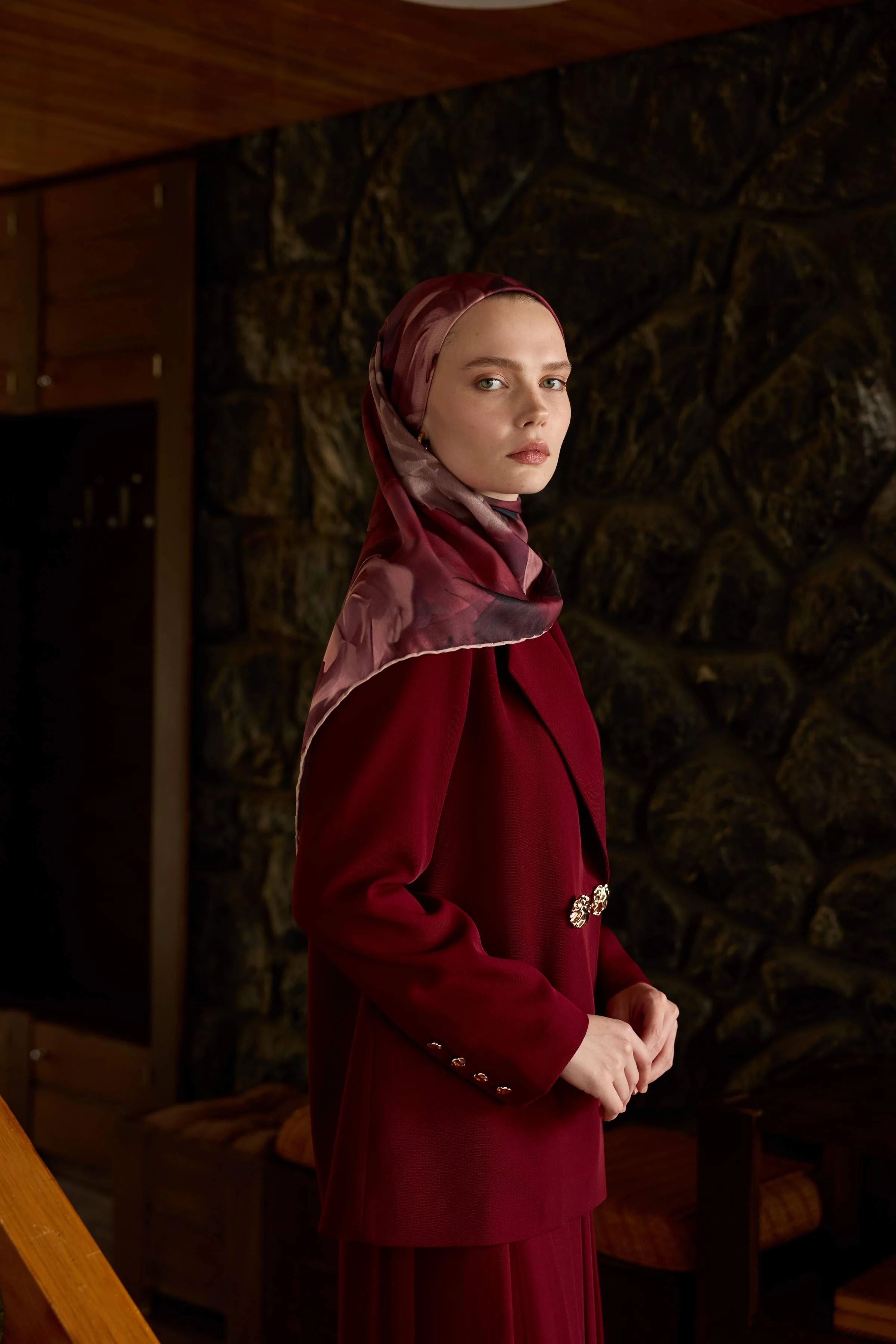 Winter Bloom Soft Eşarp 1239 - Bordo Siyah