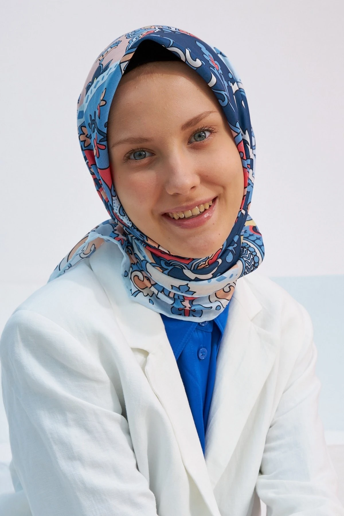 Mozaik Mavi Pamuk Viskon Eşarp