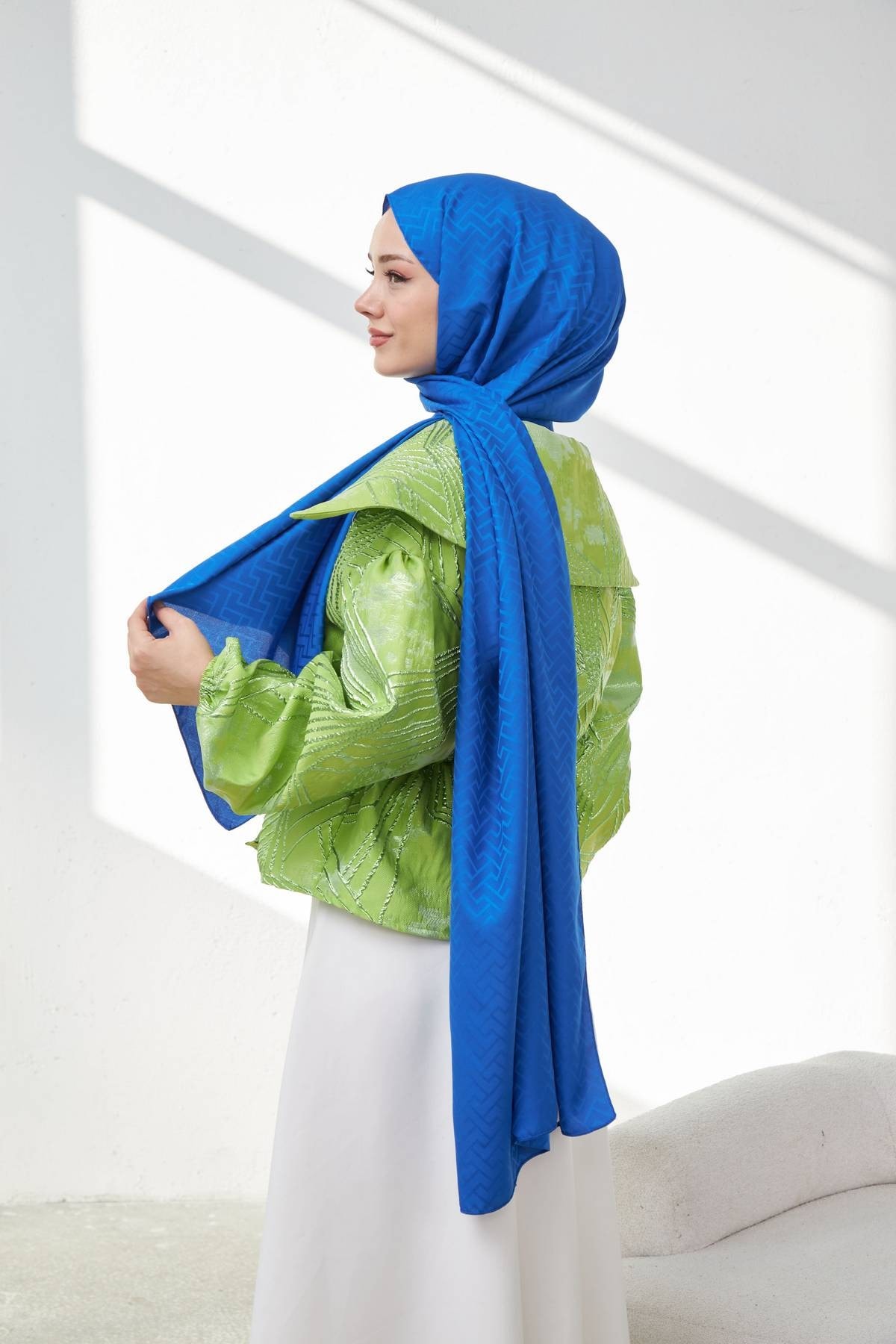 Lego Desen İpeksi Jakar Şal Saks Mavi 9004-12