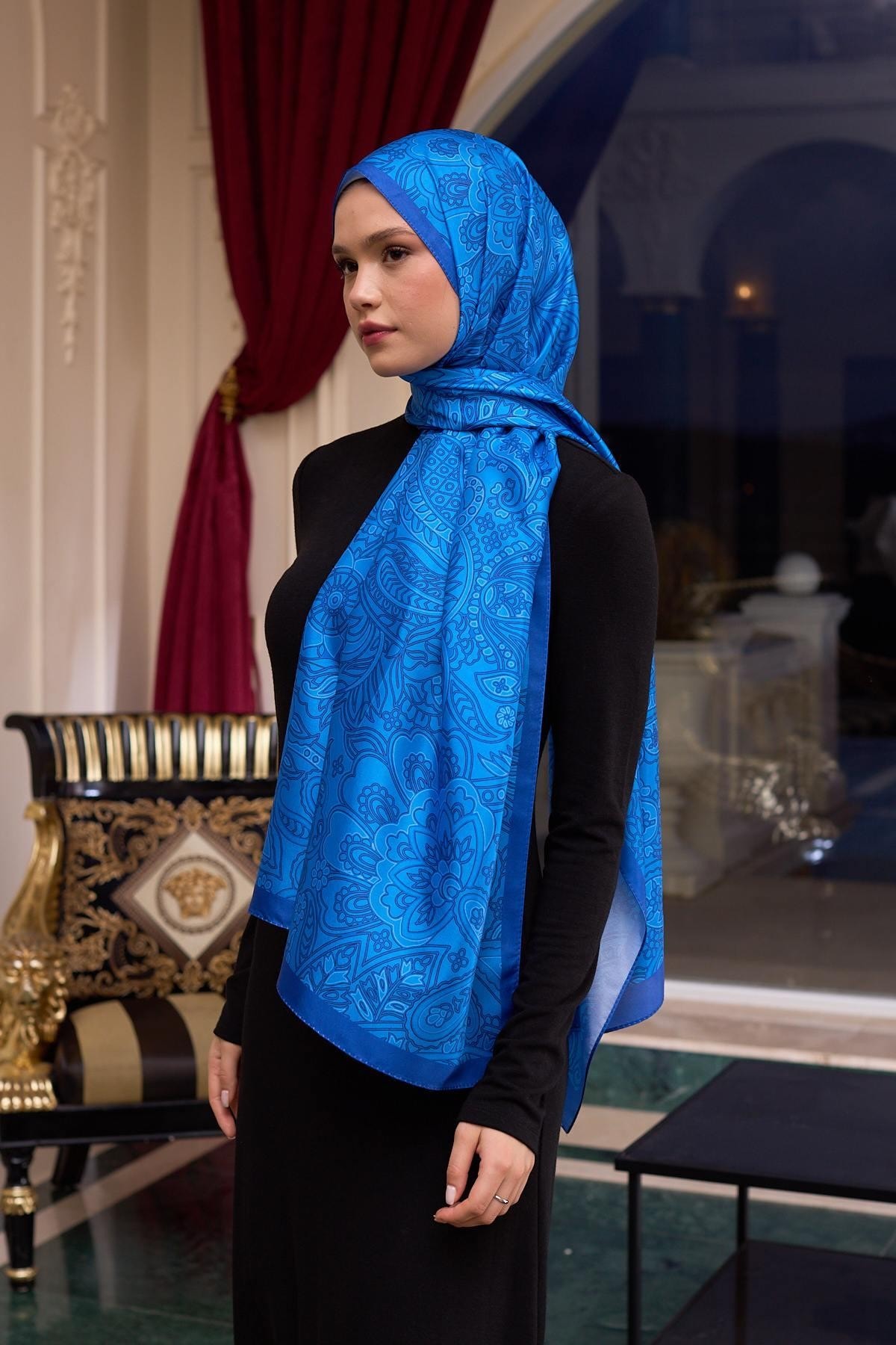 Desenli Vual Şal Saks Vual İpek Şal - 9803-22