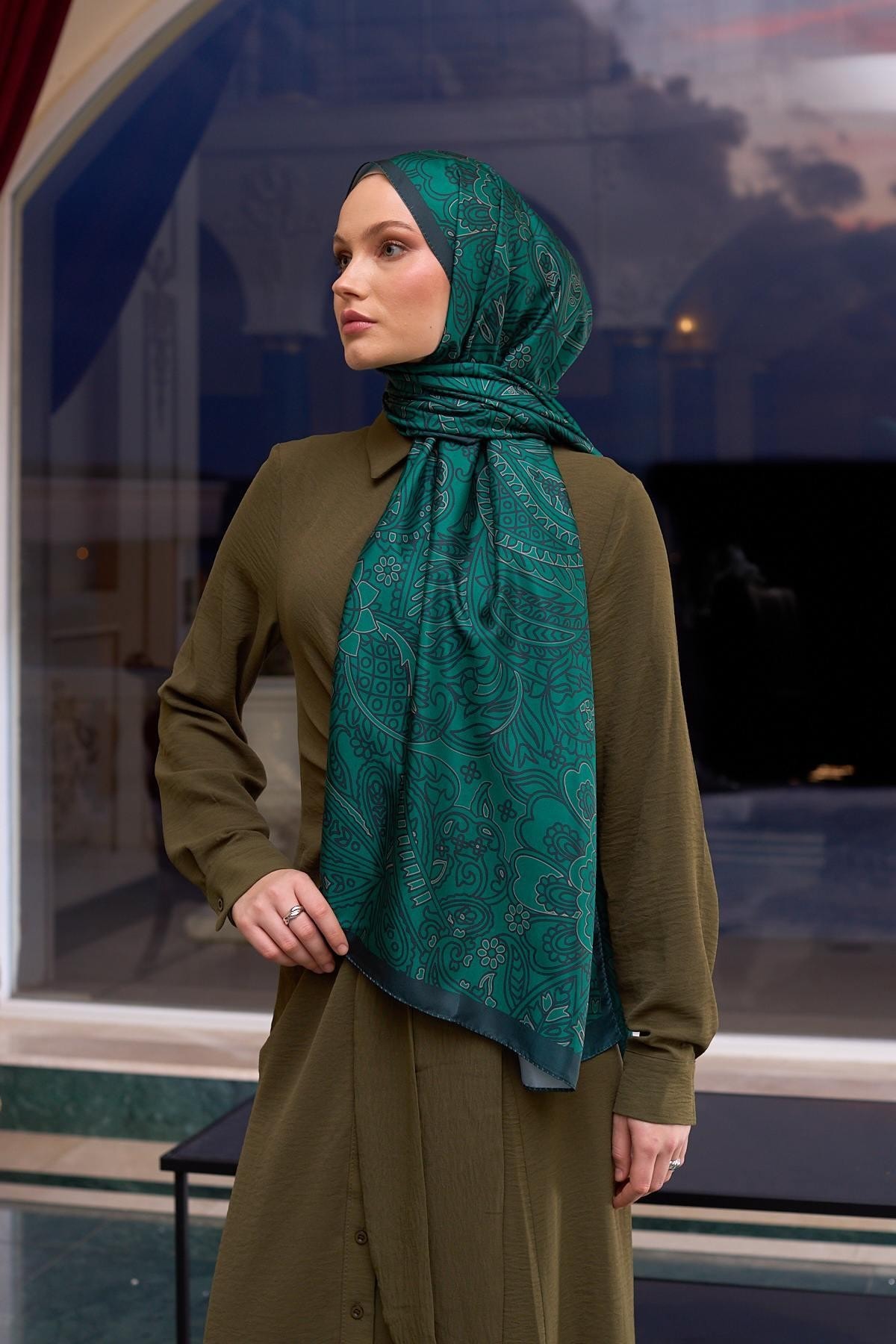 Desenli Vual Şal Zümrüt Yeşili Vual İpek Şal - 9803-32