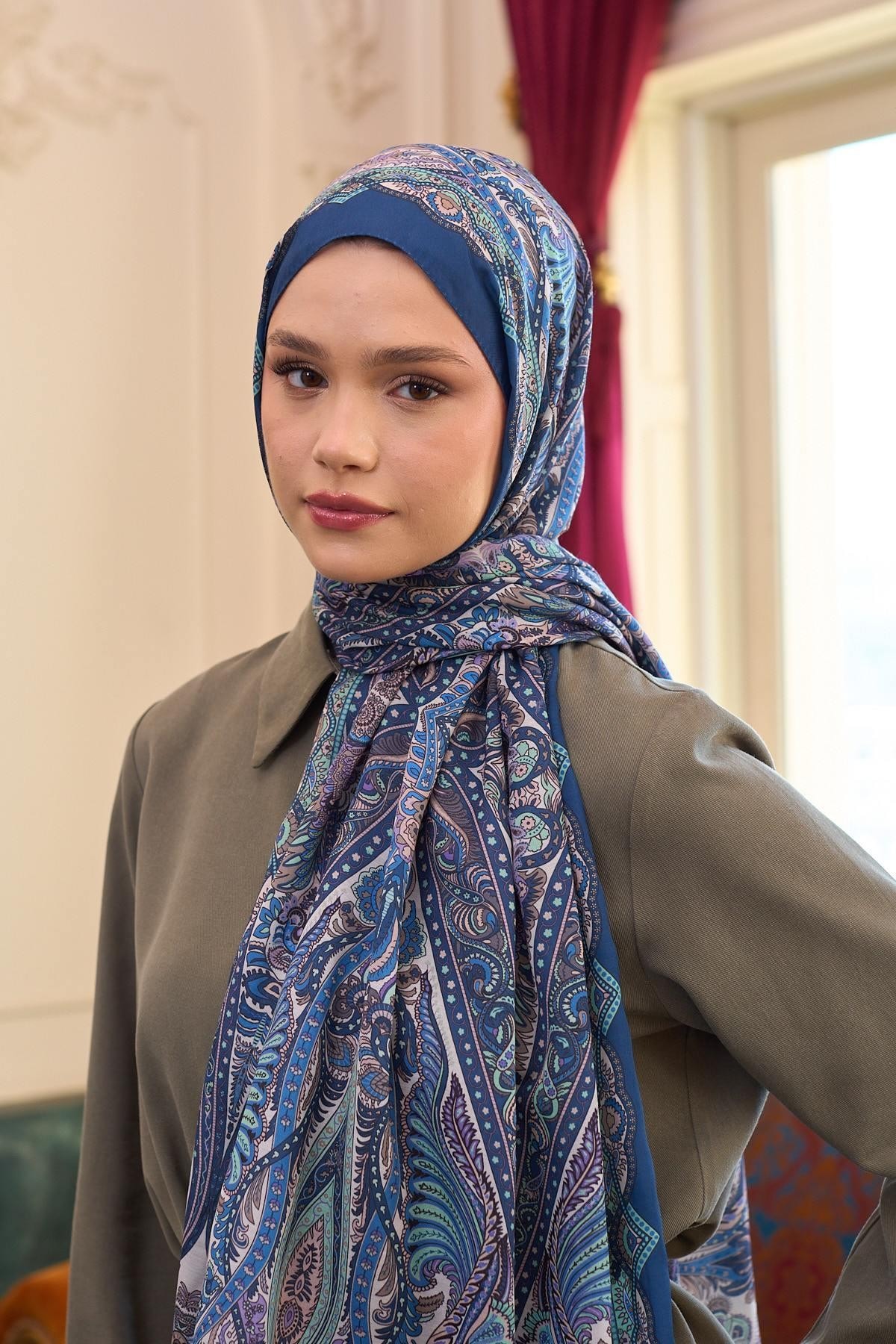 Desenli Vual Şal Petrol Mavi Vual İpek Şal - 9804-13