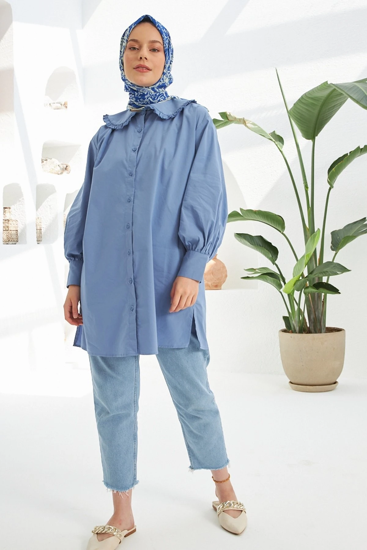 Şal İndigo Pamuk Viskon Eşarp