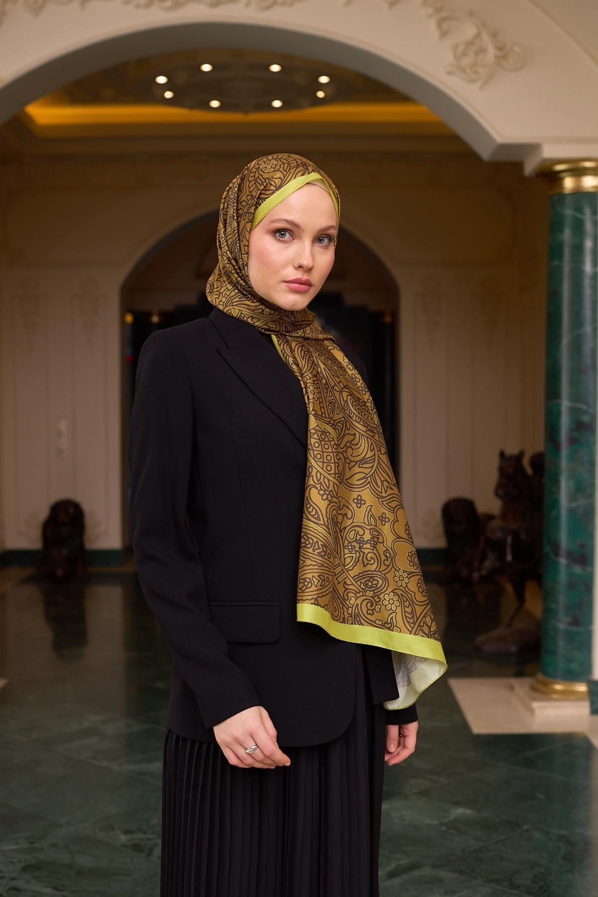 Desenli Vual Şal Yağ Yeşili Vual İpek Şal - 9803-30