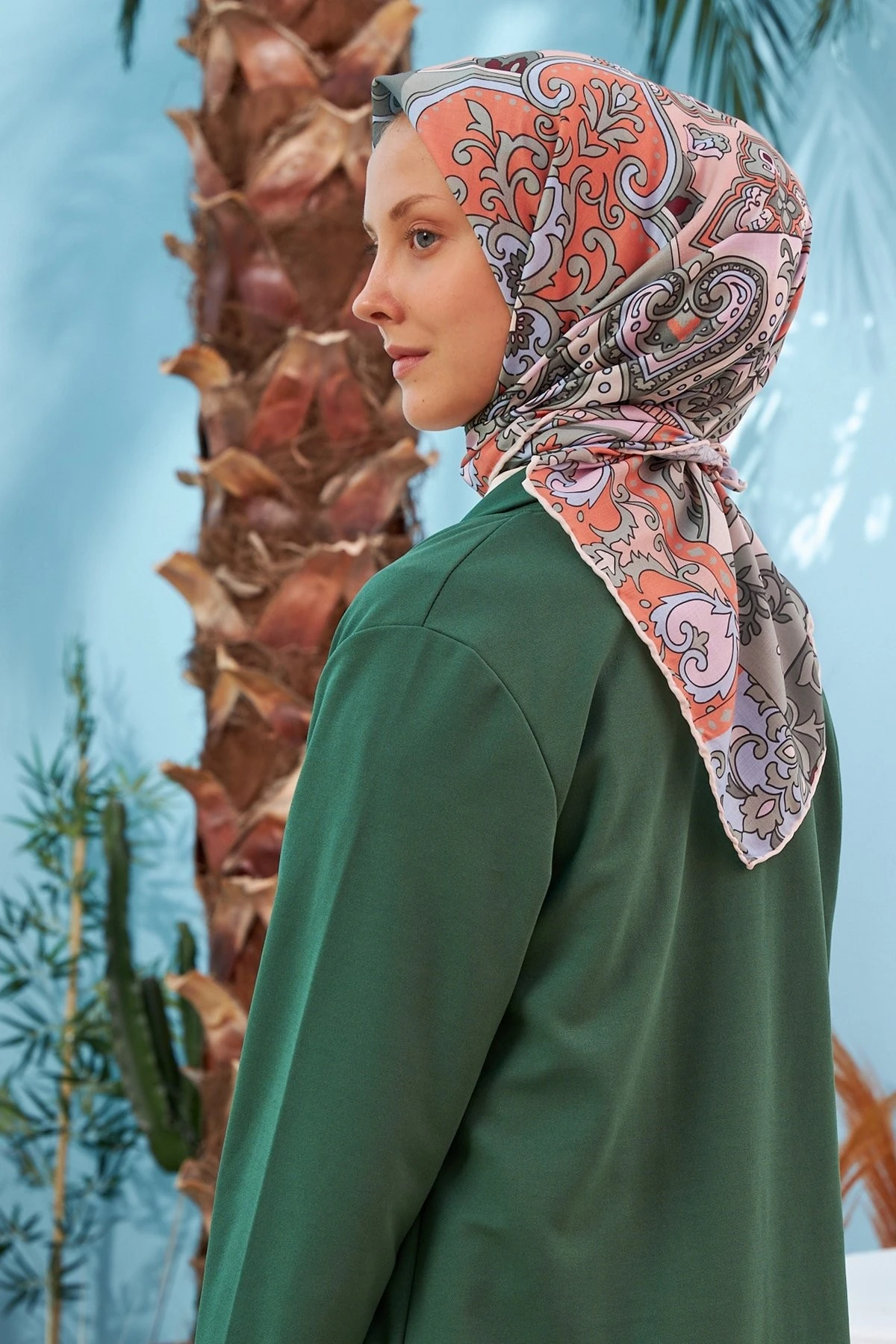 Mozaik Yeşil Turuncu Pamuk Viskon Eşarp