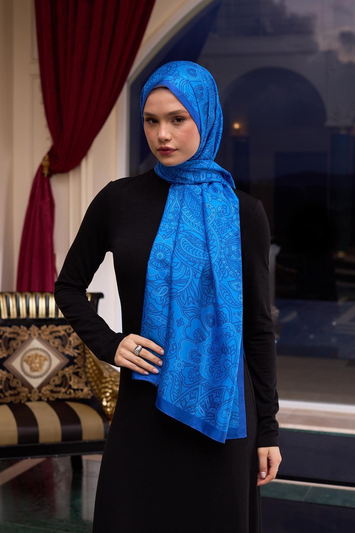 Desenli Vual Şal Saks Vual İpek Şal - 9803-22