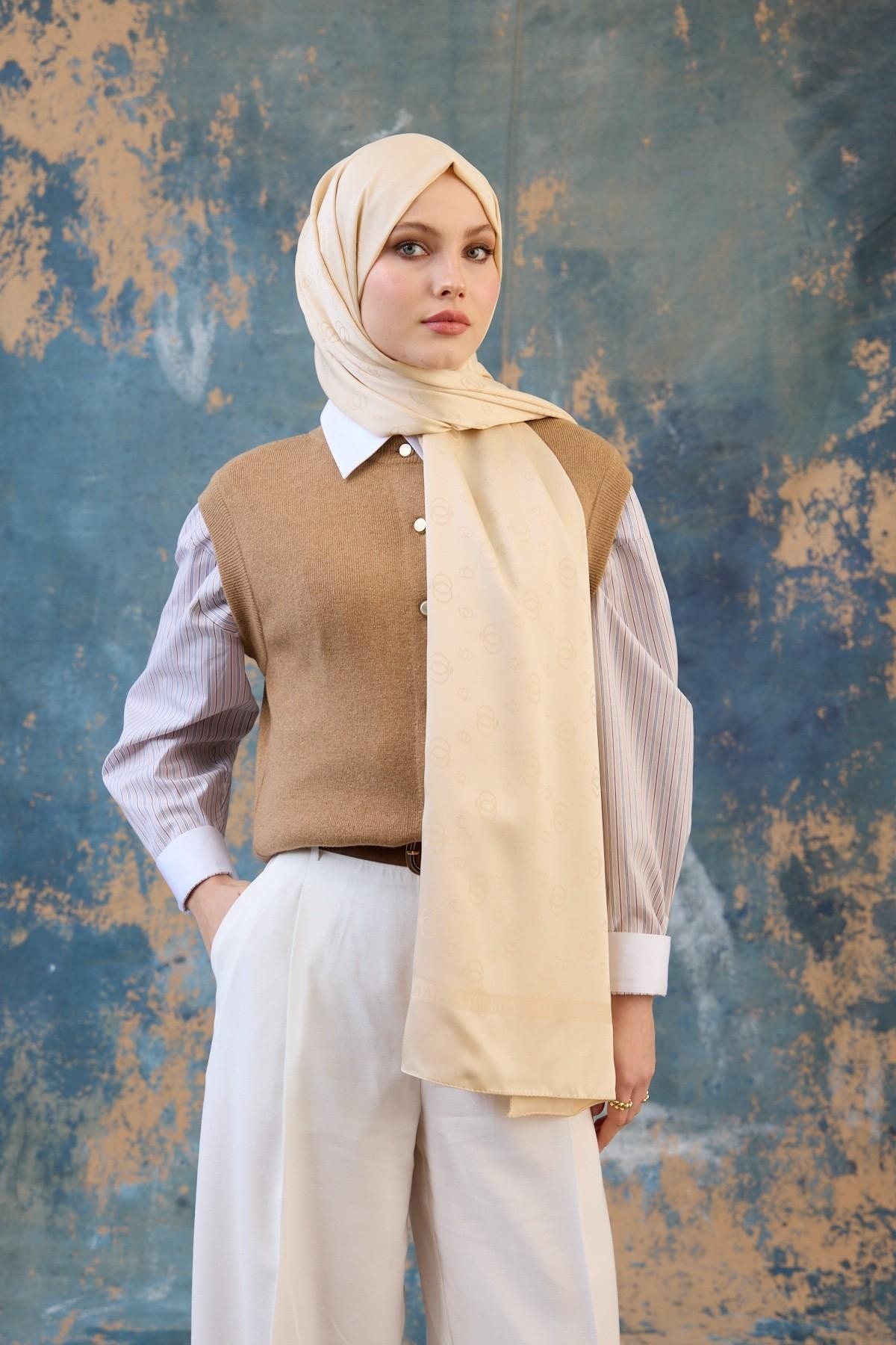 Fall Winter İpeksi Jakar Şal Krem 9018-24