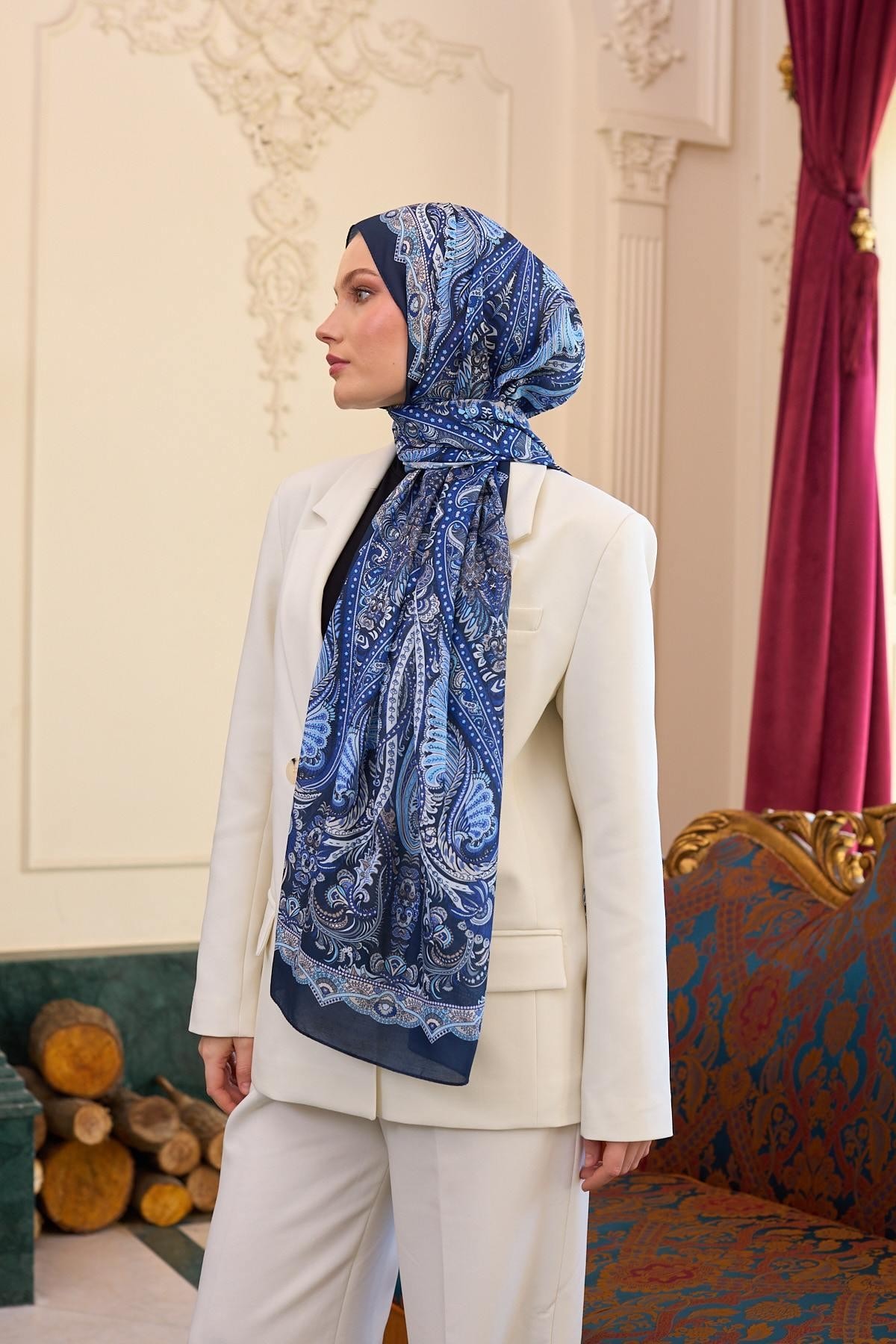 Desenli Vual Şal Mavi Vual İpek Şal - 9804-12