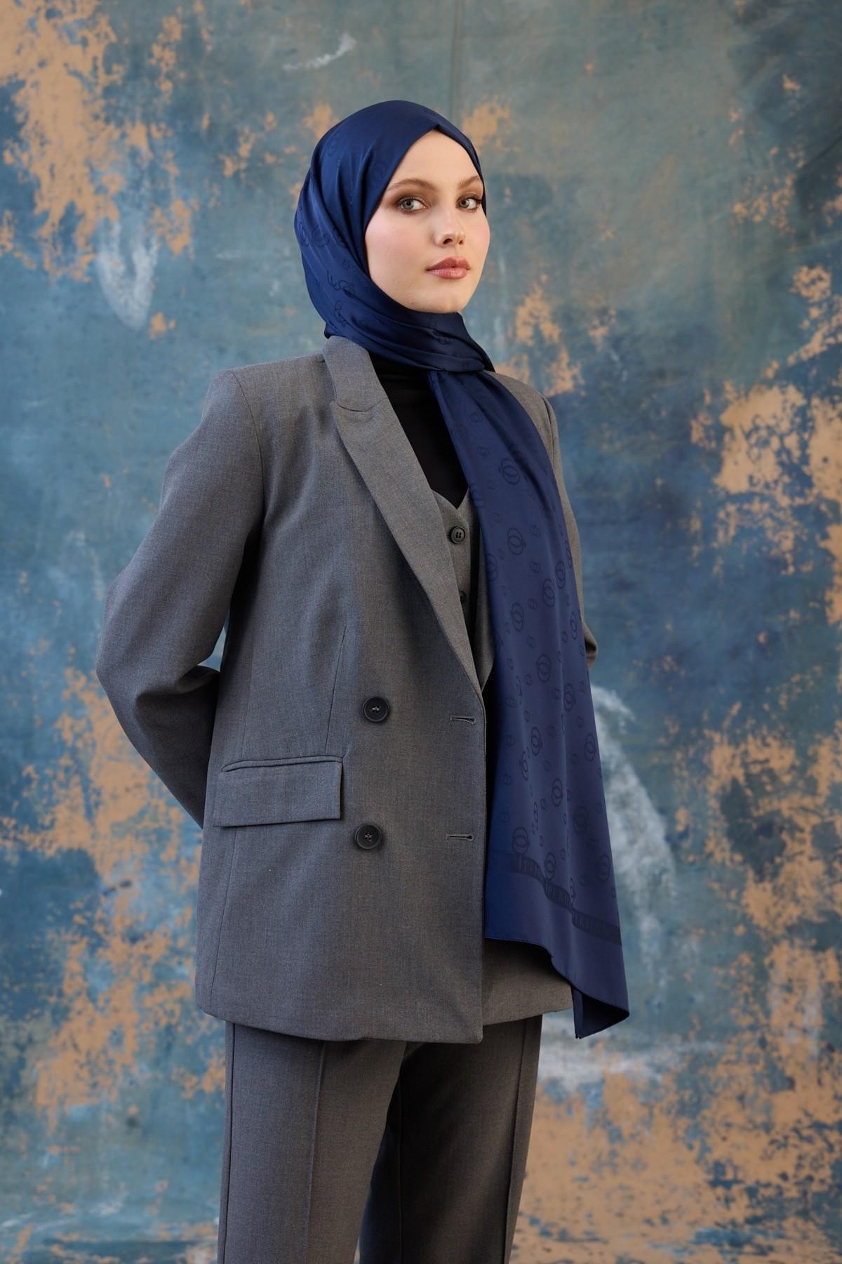 Fall Winter İpeksi Jakar Şal Lacivert 9018-12