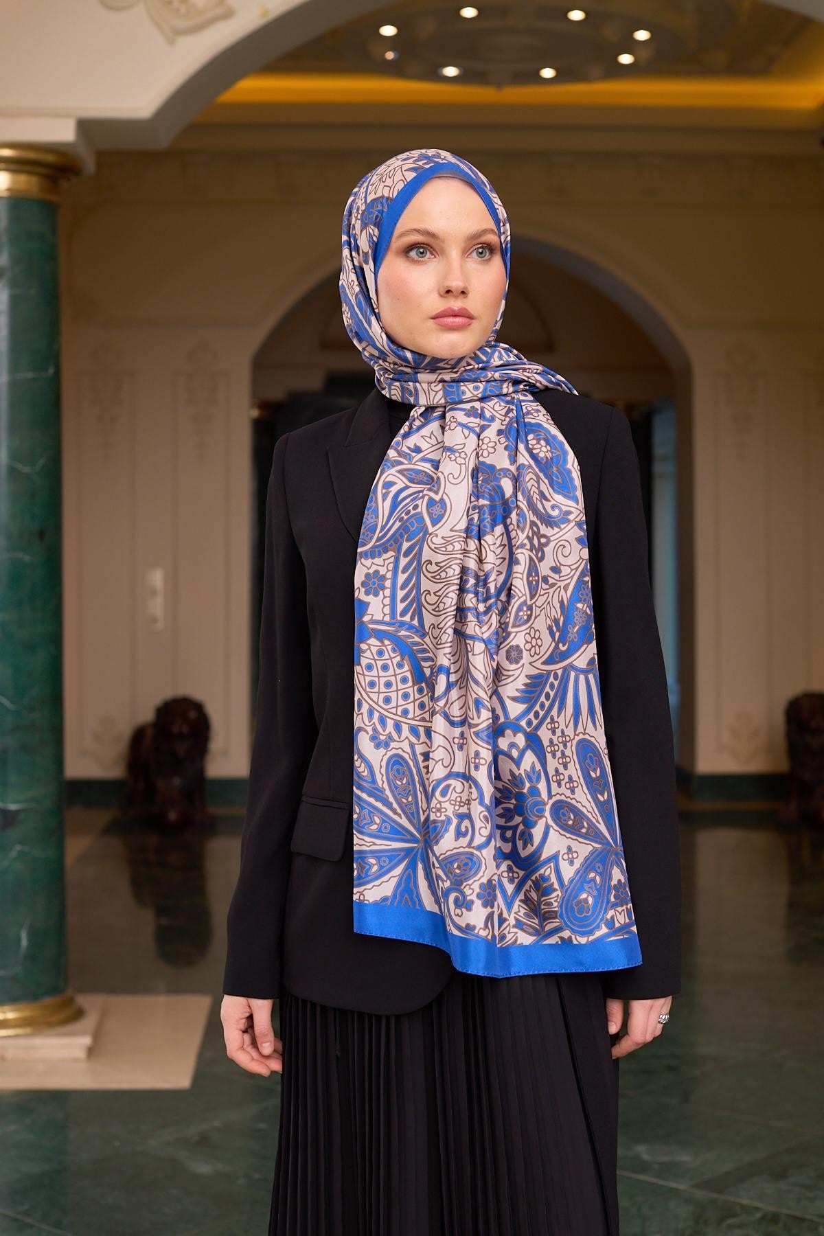 Desenli Vual Şal Saks Beyaz Vual İpek Şal - 9803-23