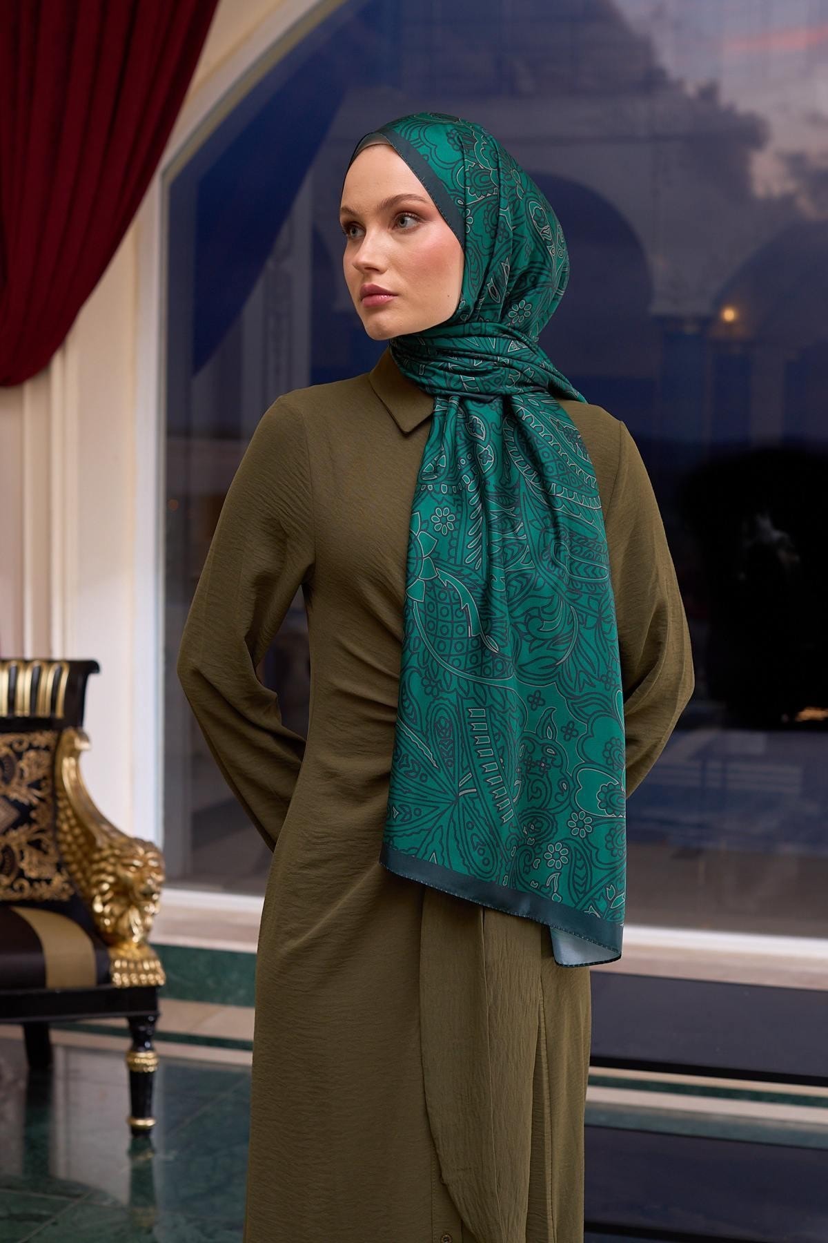 Desenli Vual Şal Zümrüt Yeşili Vual İpek Şal - 9803-32