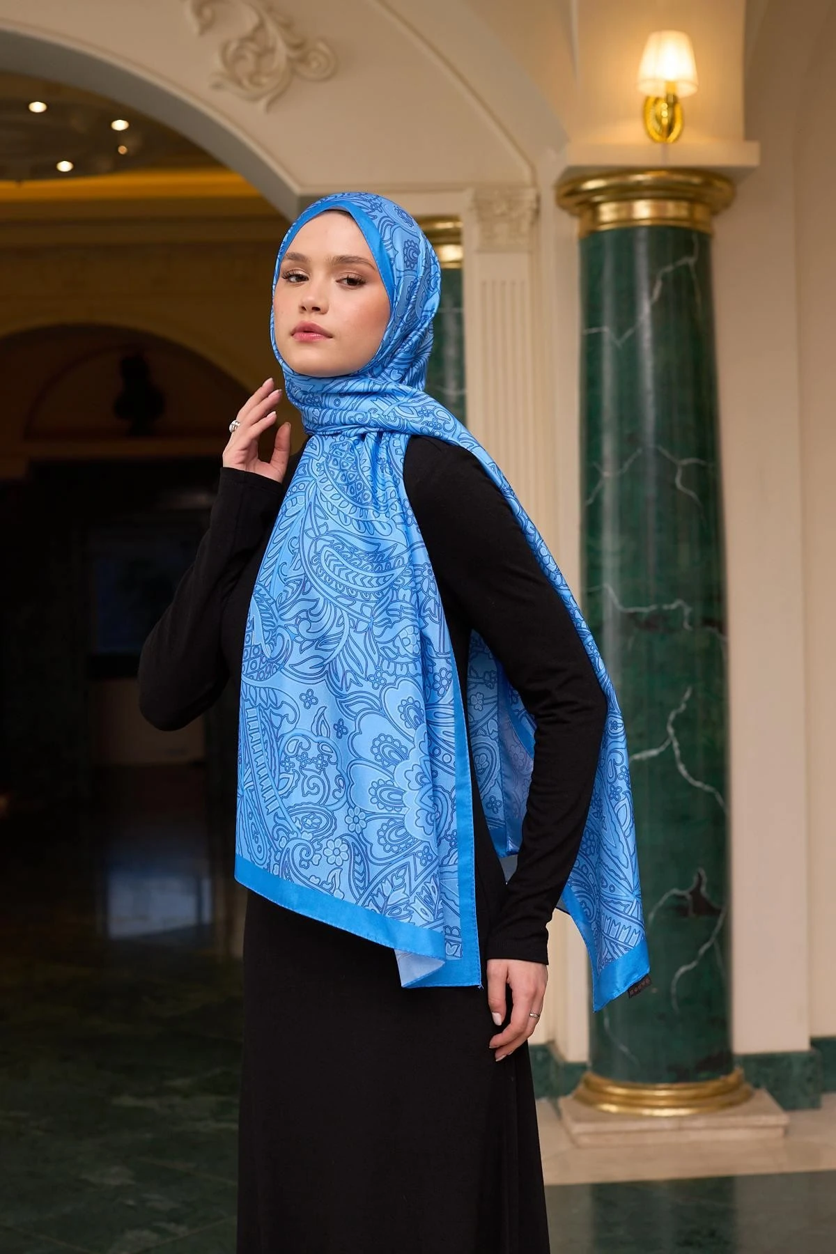 Desenli Vual Şal Mavi Vual İpek Şal - 9803-15