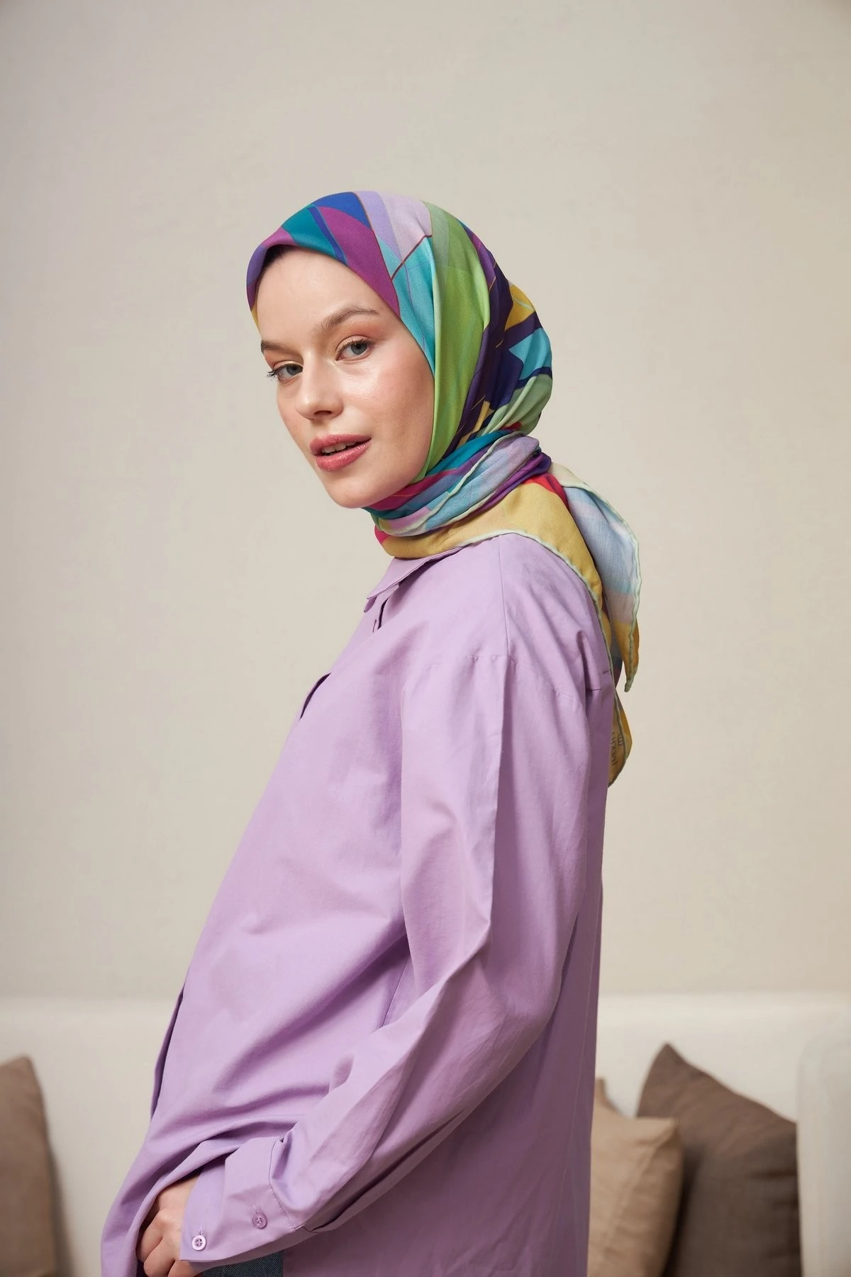 Geometrik Hardal Pamuk Viskon Eşarp