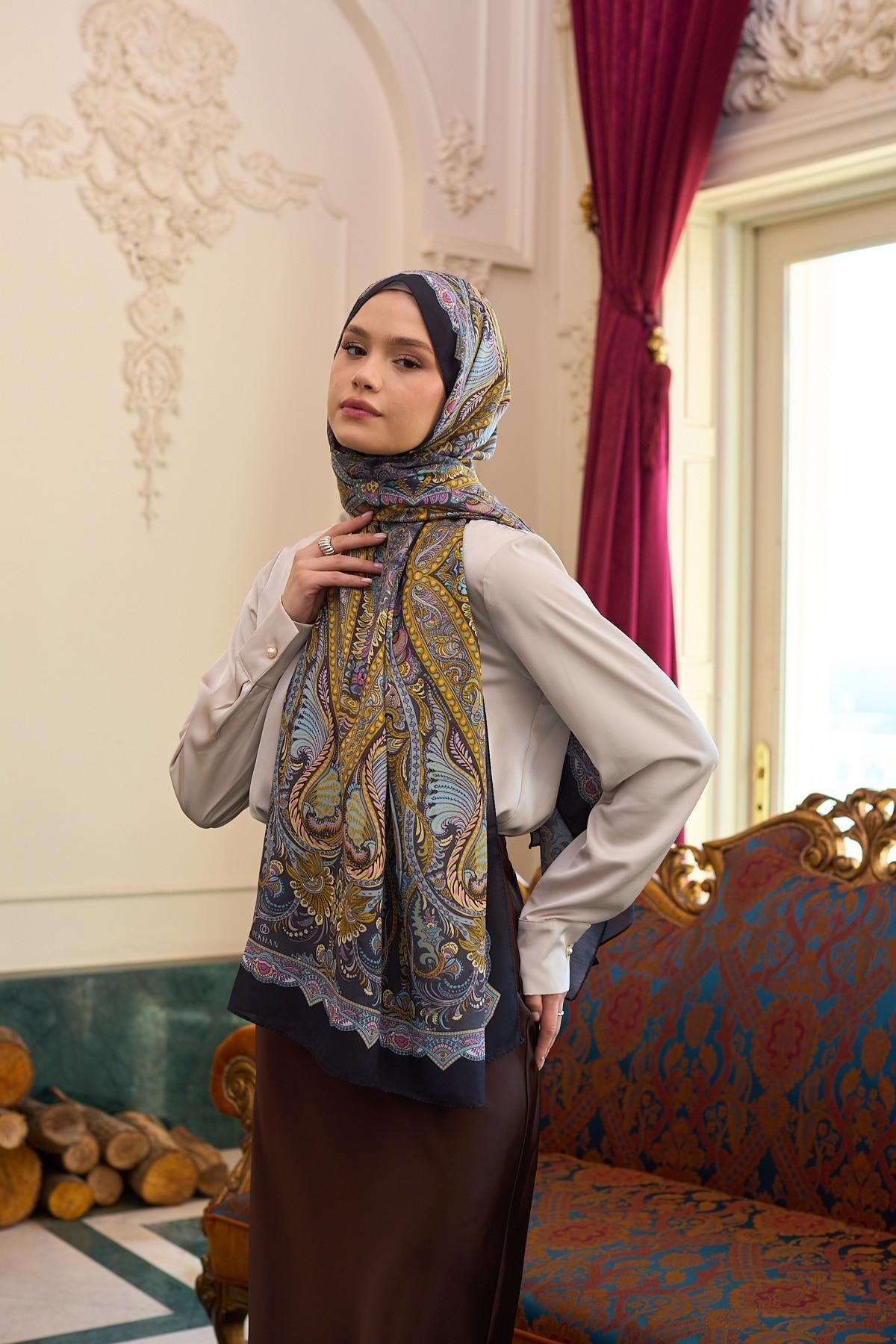 Desenli Vual Şal Altuni Vual İpek Şal - 9804-15