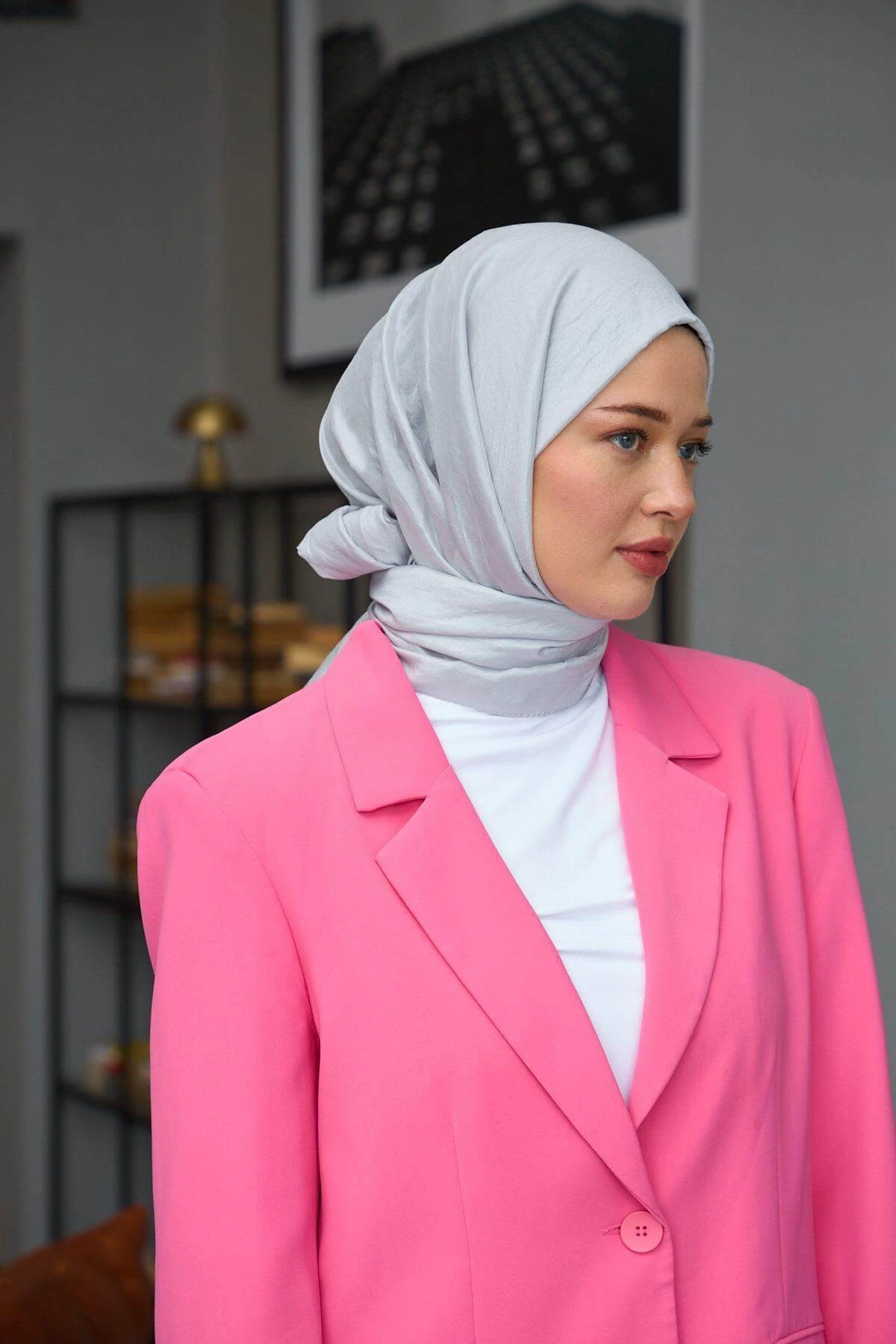 Düz Desen Vual Şal Gri Vual İpek Şal - 9800-23