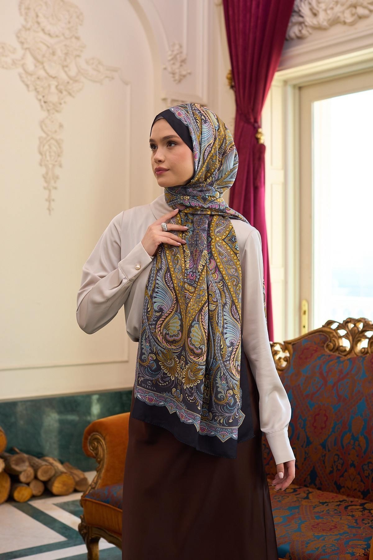 Desenli Vual Şal Altuni Vual İpek Şal - 9804-15