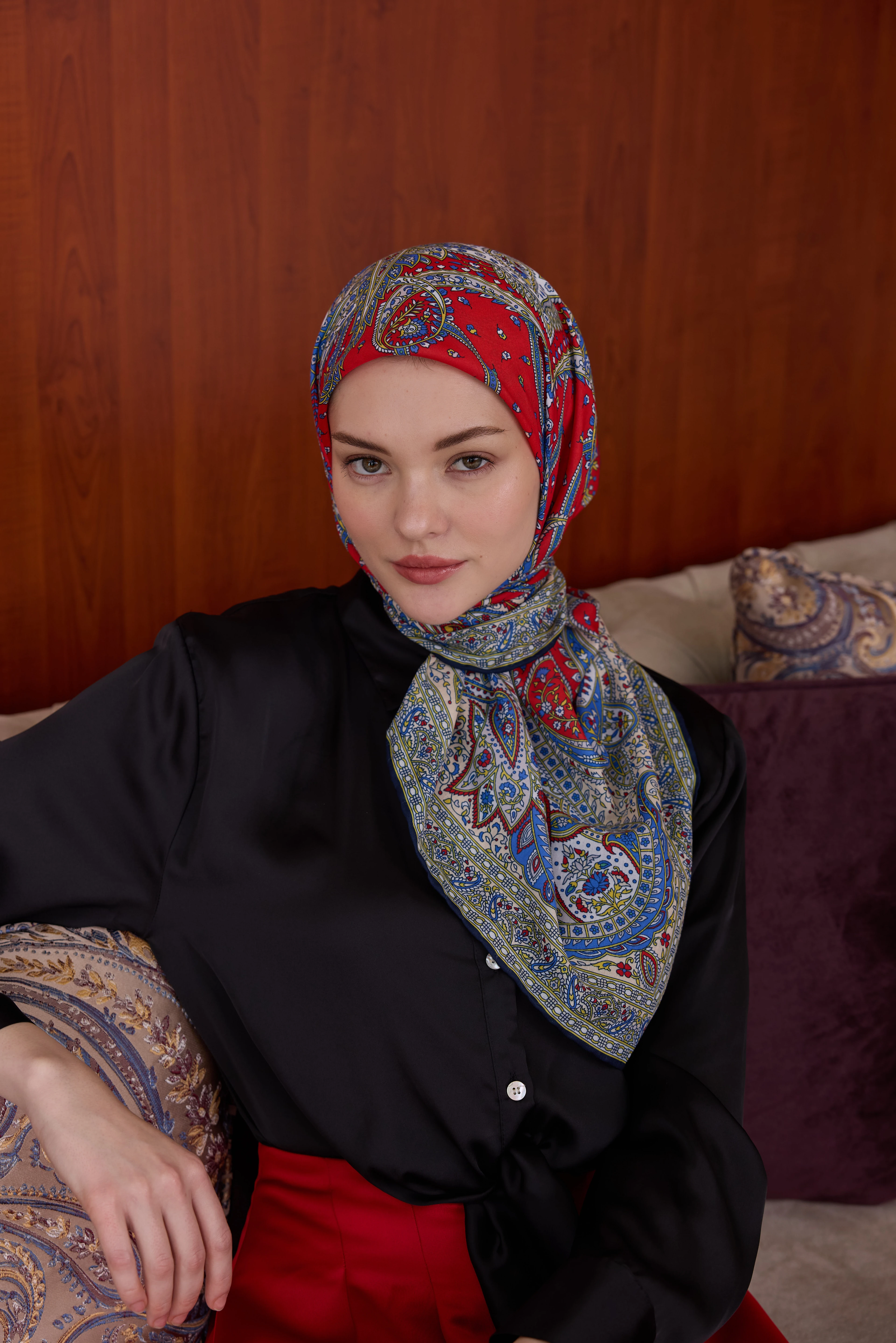 İpekhan Etnik Serisi Kırmızı Pamuk Viskon Eşarp 1116-10