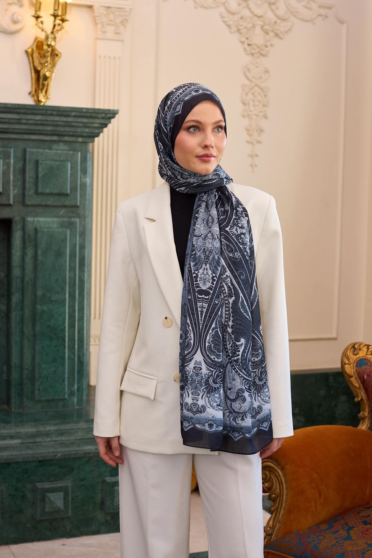 Desenli Vual Şal Siyah Beyaz Vual İpek Şal - 9804-16