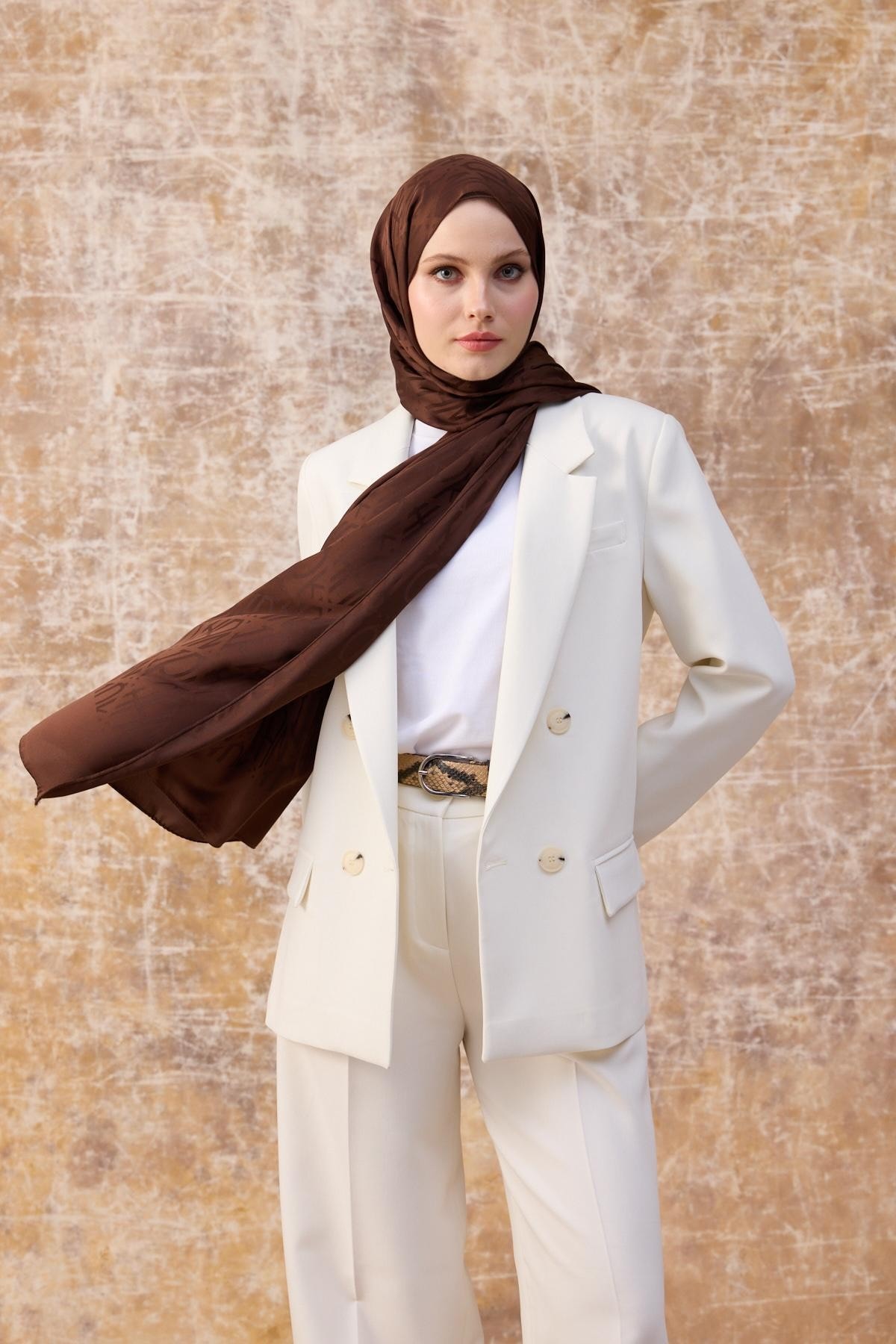 Fall Winter İpeksi Jakar Şal Kahverengi 9020-08