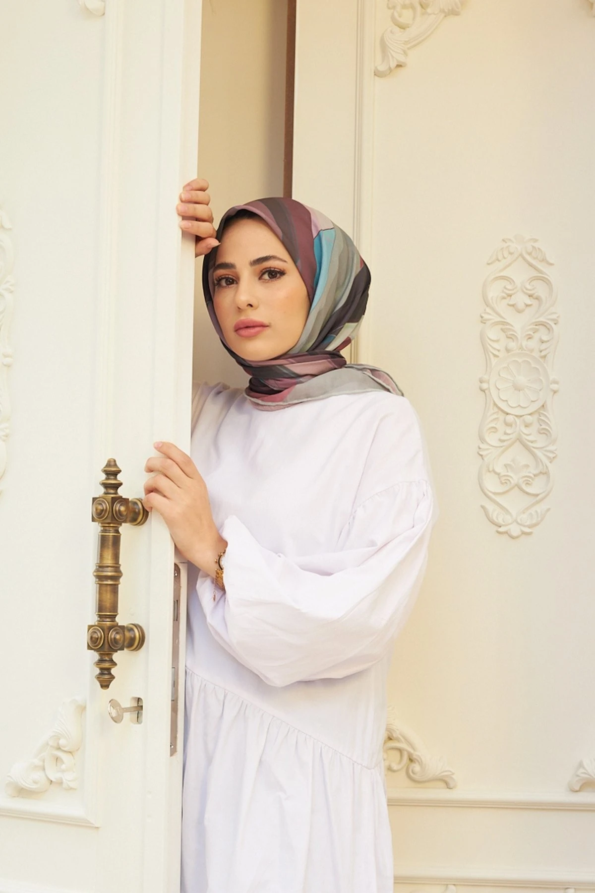 Geometrik Gri Pamuk Viskon Eşarp