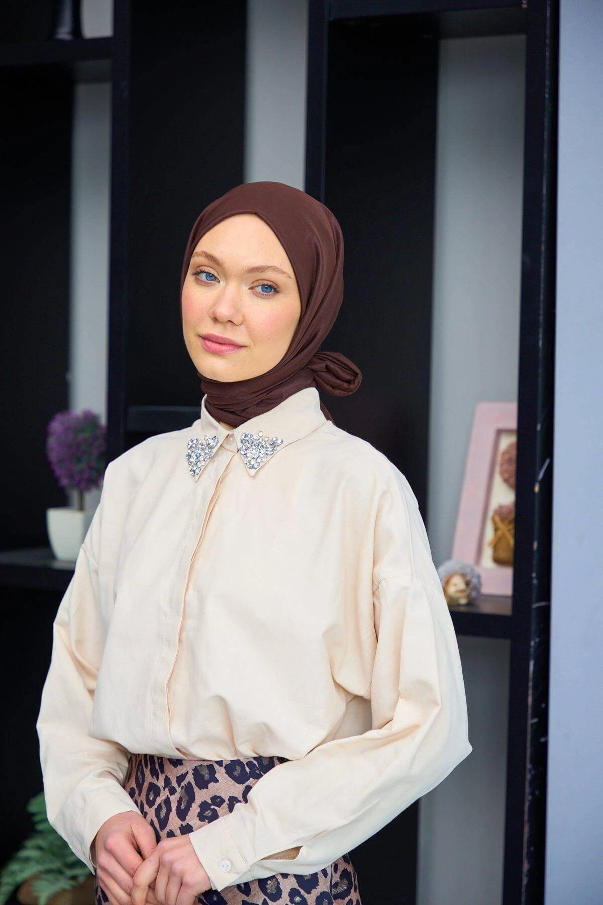 Düz Desen Vual Şal Acı Kahve Vual İpek Şal - 9800-18