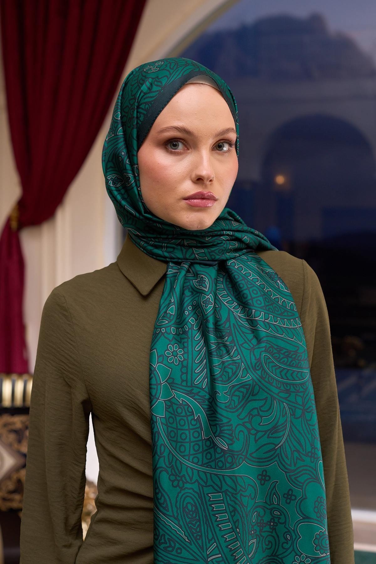 Desenli Vual Şal Zümrüt Yeşili Vual İpek Şal - 9803-32