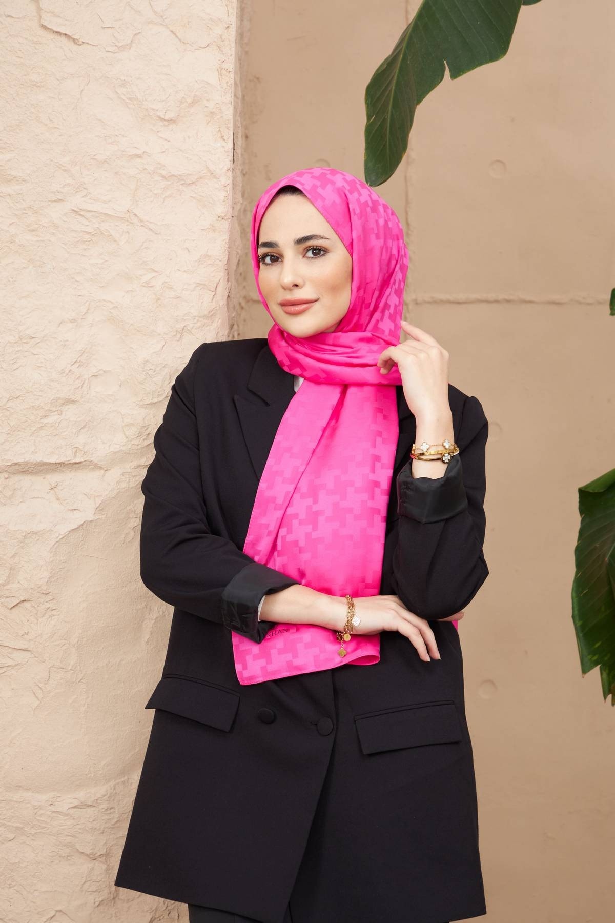 Cross Desen İpeksi Jakar Şal Fuşya 9006-05