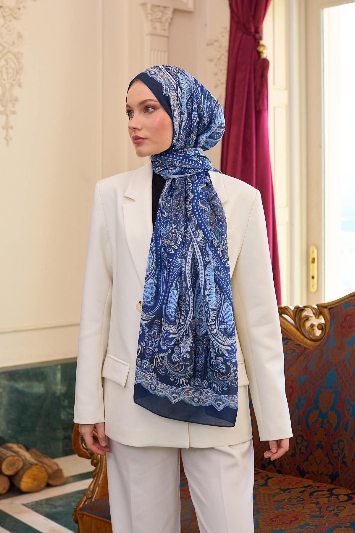 Desenli Vual Şal Mavi Vual İpek Şal - 9804-12