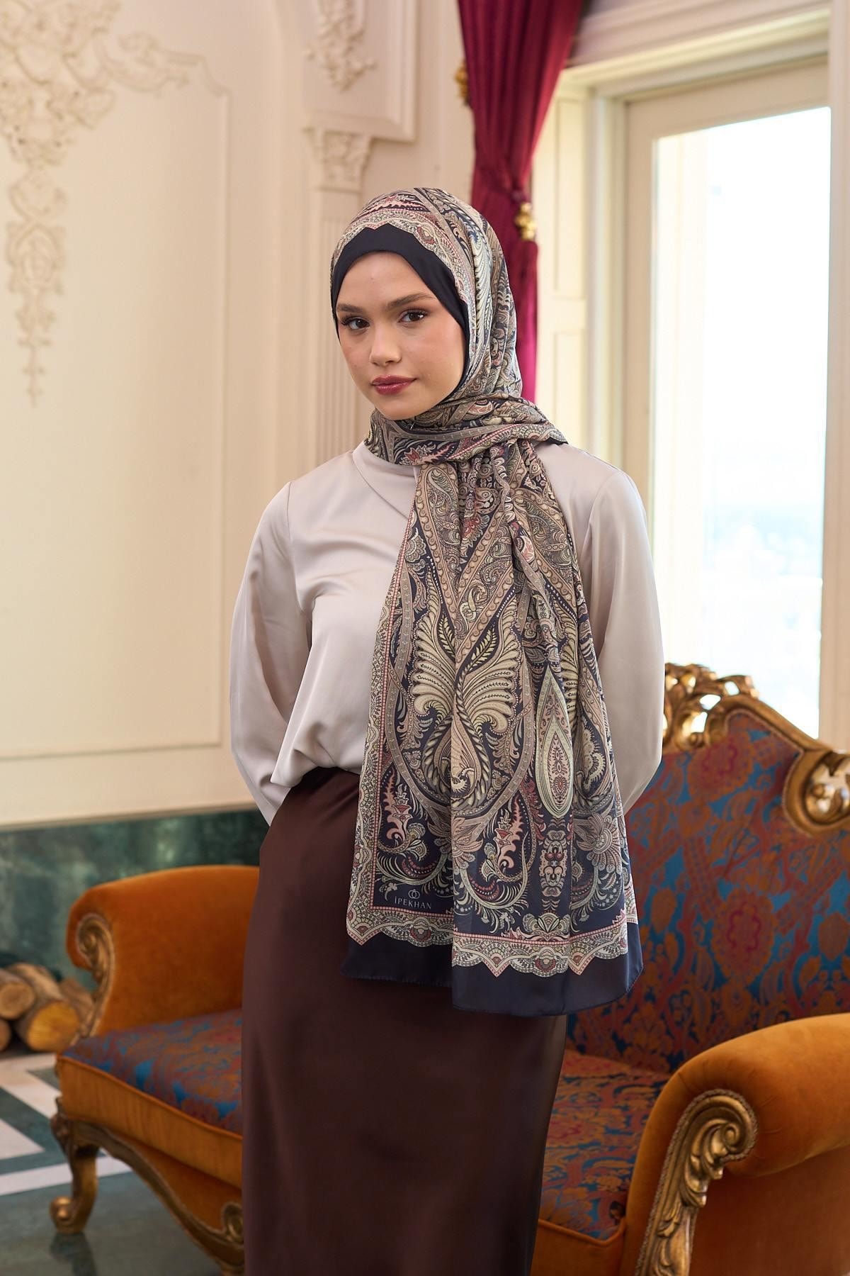 Desenli Vual Şal Siyah Su Yeşili Vual İpek Şal - 9804-18