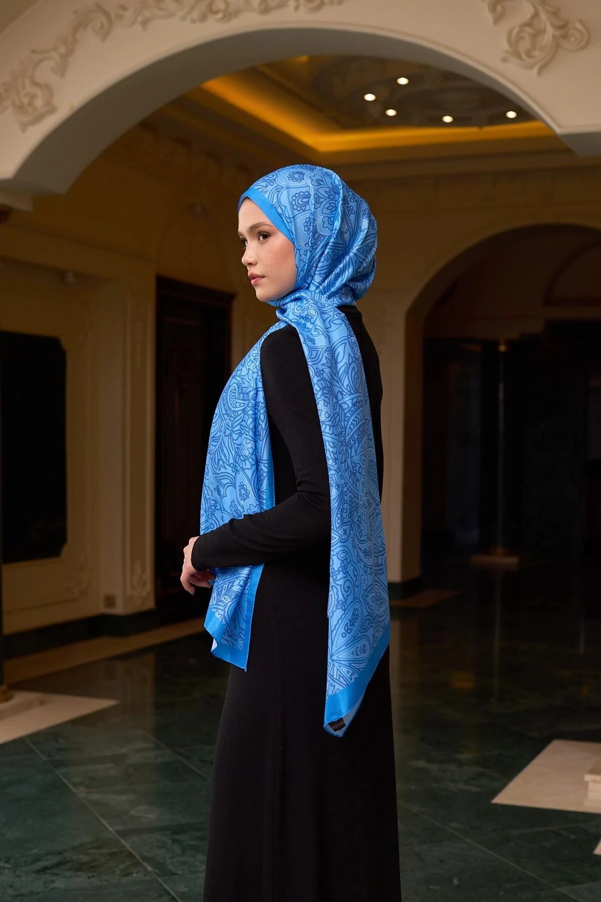 Desenli Vual Şal Mavi Vual İpek Şal - 9803-15