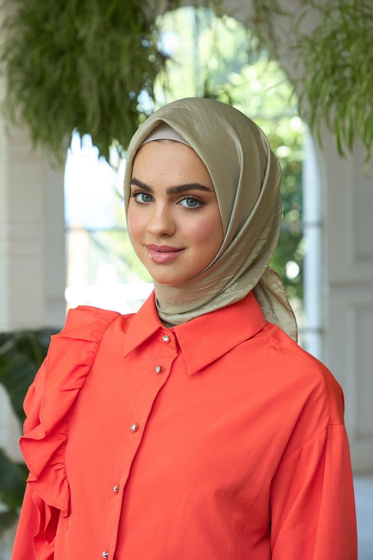 Düz Desen Vual Eşarp Açık Haki Vual İpek Eşarp - 10100-19