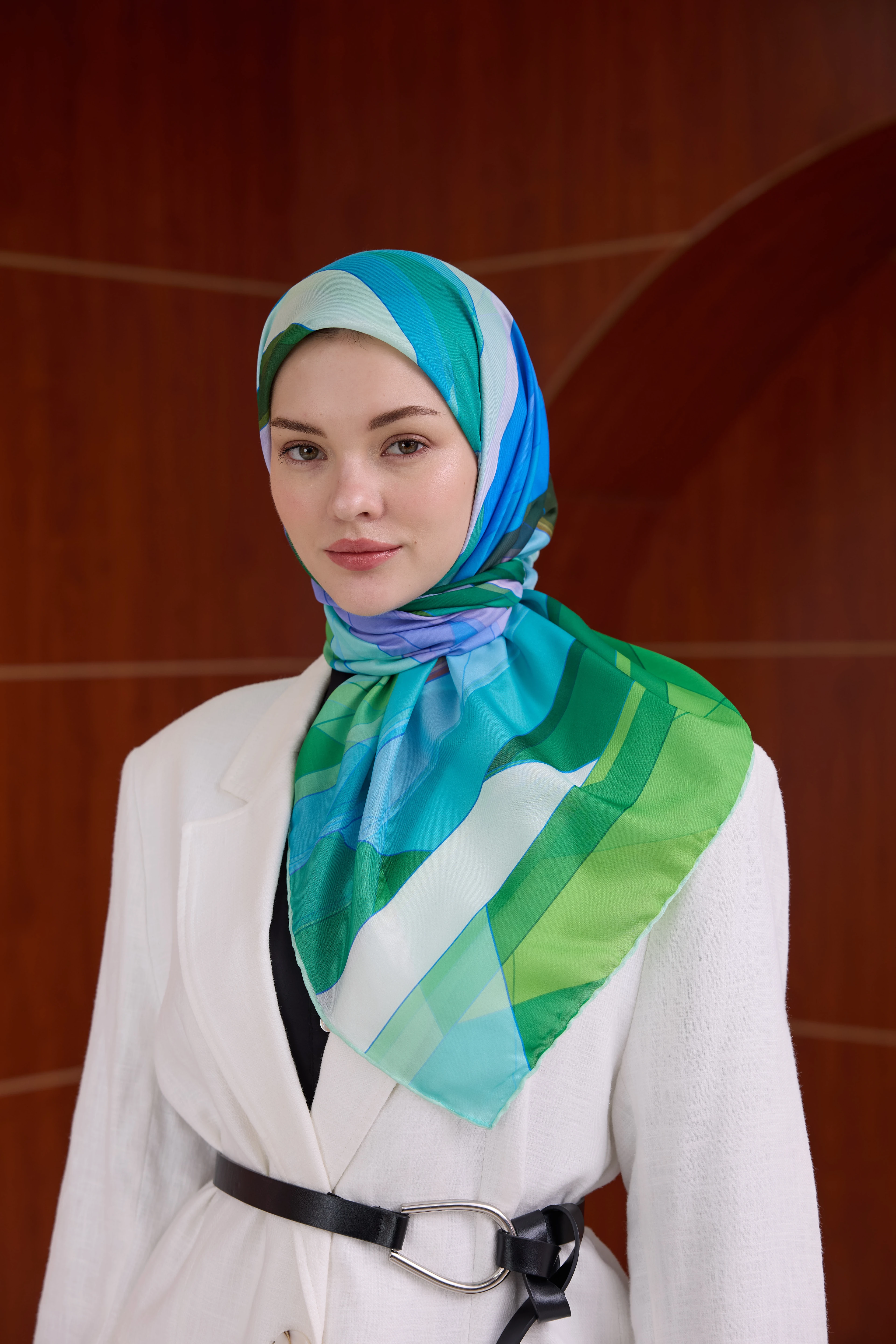 Geometrik Benetton Yeşili Pamuk Viskon Eşarp 1084-02