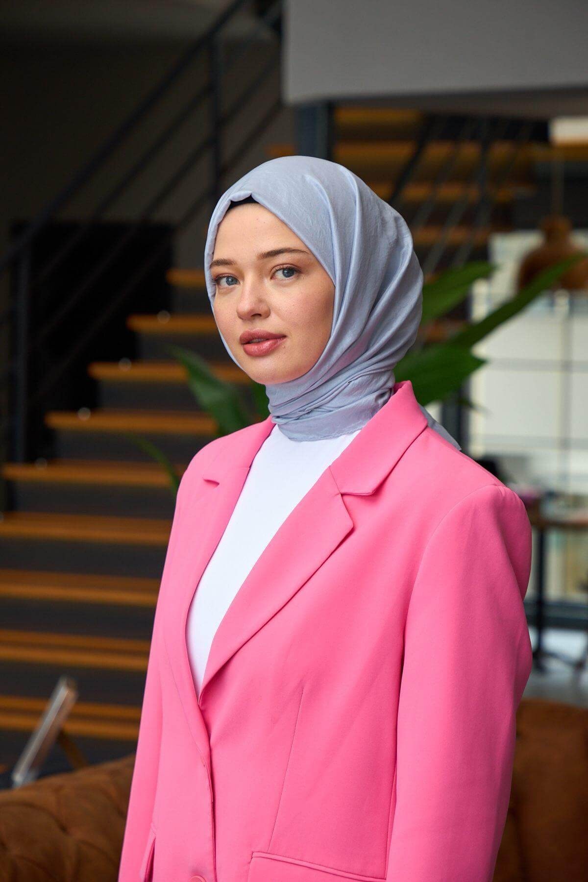 Düz Desen Vual Şal Gri Menekşe Vual İpek Şal - 9800-34