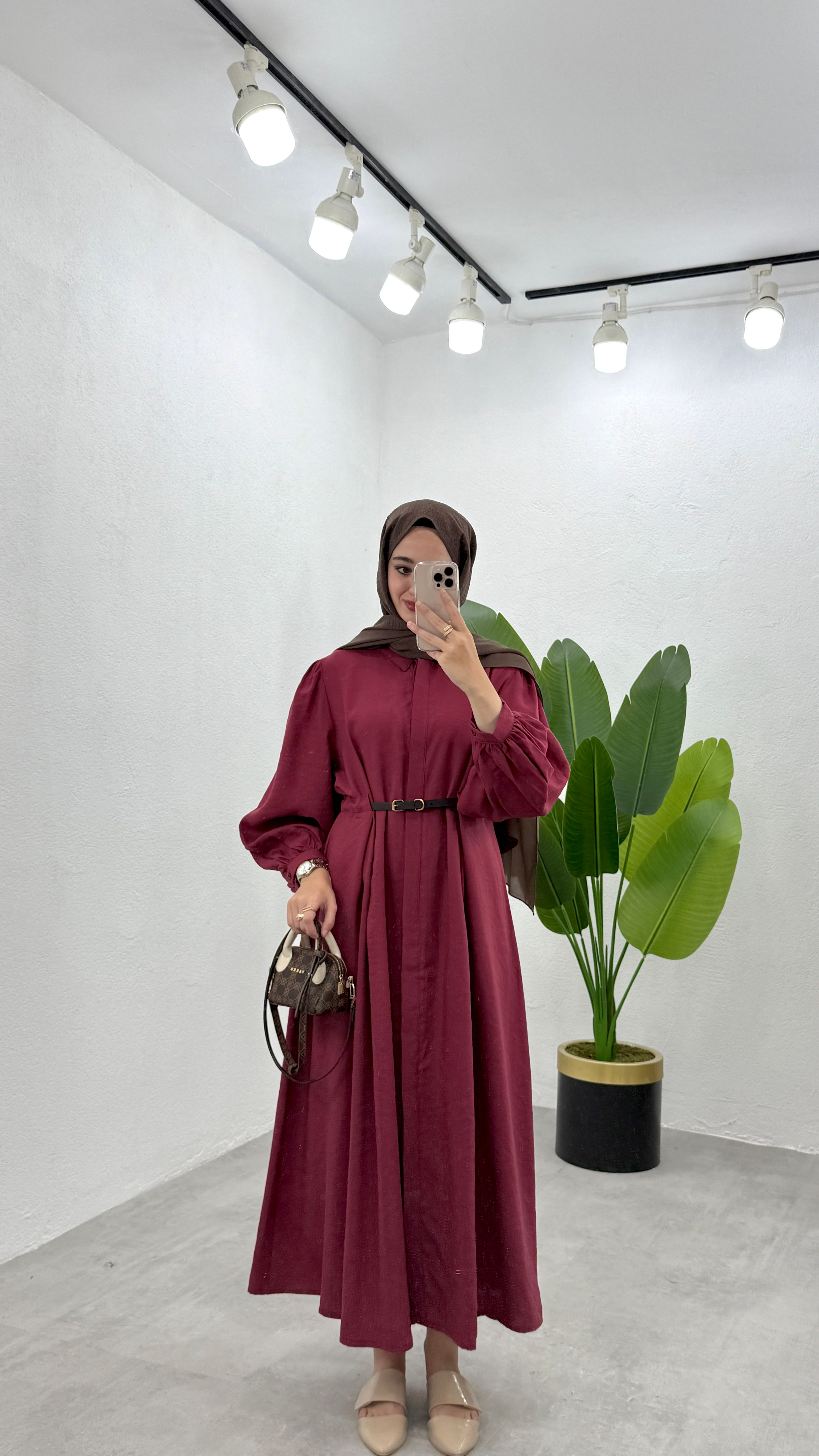 Kemerli LiLi Elbise - Bordo