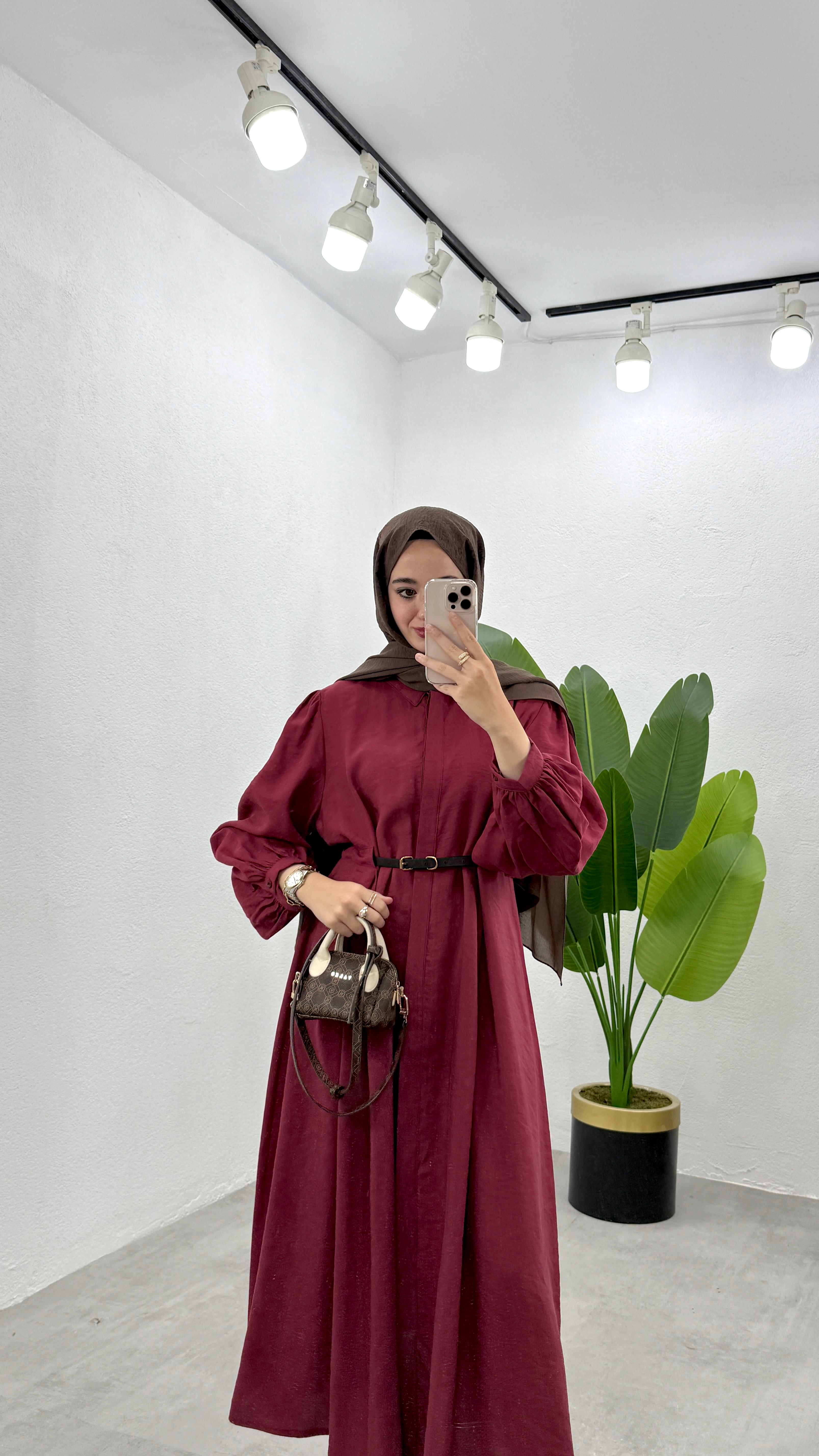 Kemerli LiLi Elbise - Bordo