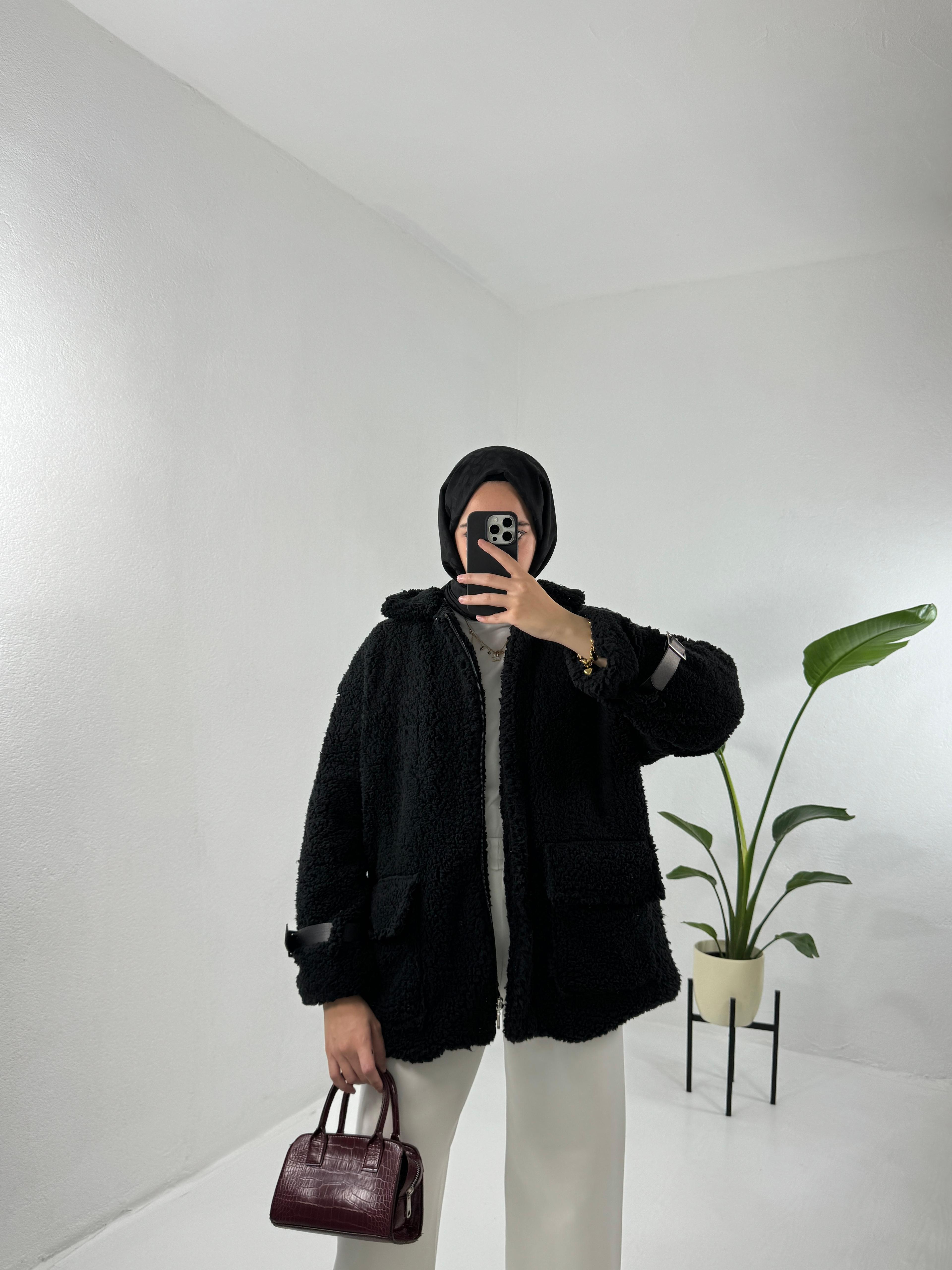Soft Peluş Ceket Mont - Siyah