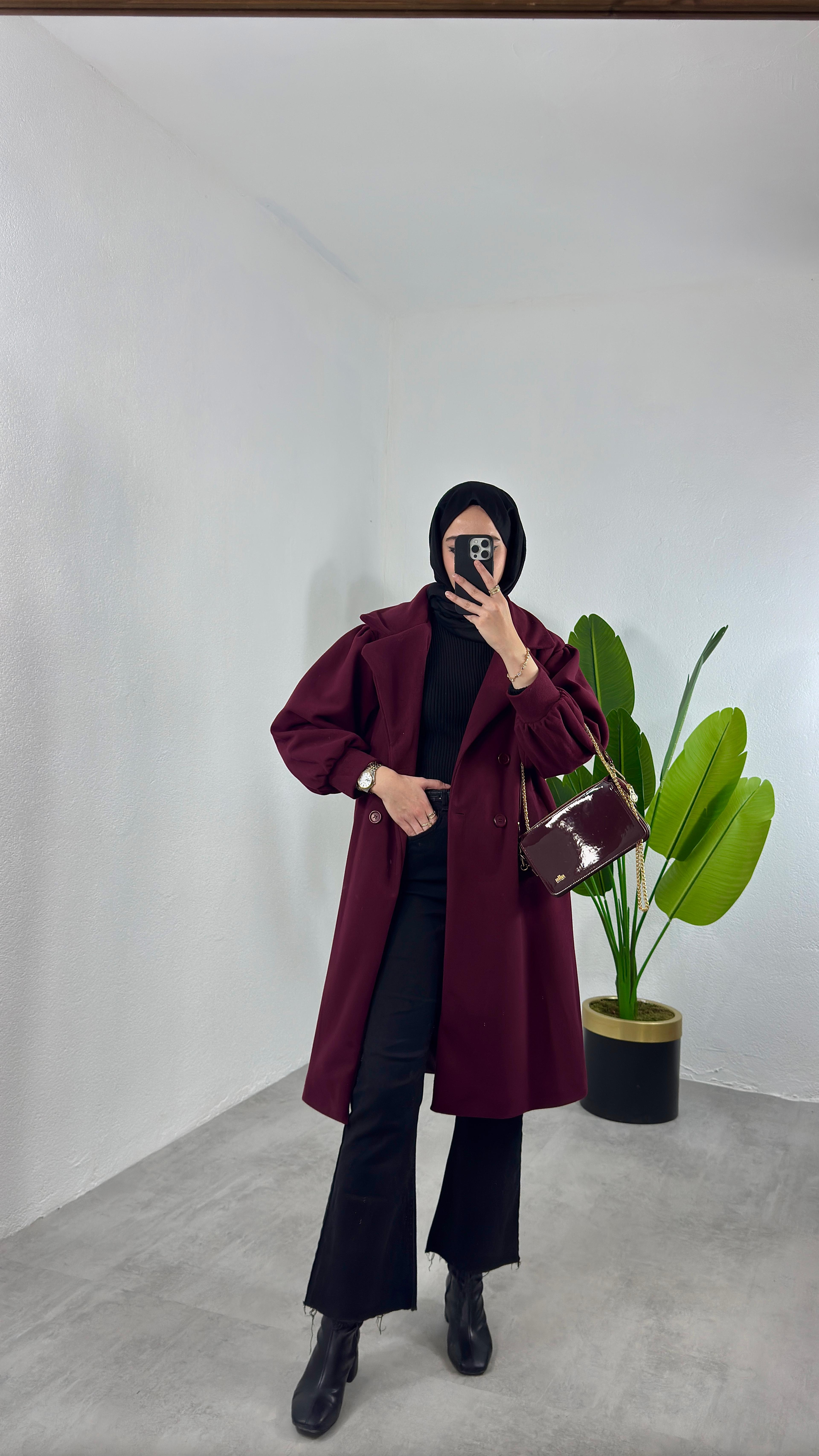 Balon Kol Kaşe Kaban - Bordo